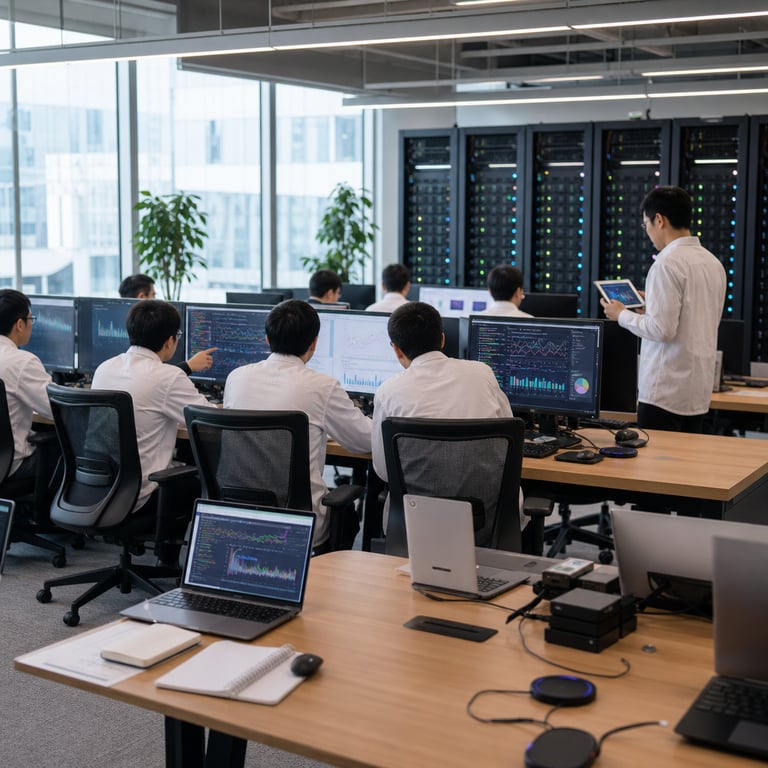 Inside a spacious open-plan research laboratory belonging to Alibaba in a modern technology campus, a team of anonymous engineers wearing plain business casual attire and white lab coats sit at long rows of wooden desks equipped with multiple flat-panel computer monitors displaying colorful abstract line graphs, bar charts, and network diagrams that represent model performance metrics without any visible lettering or symbols. The engineers are viewed mostly from behind or in three-quarter profile with faces turned away or partially obscured by the angle of their heads as they point at specific sections of the screen outputs and discuss the results. One engineer stands near a tall rack of black server units with blinking indicator lights arranged in neat rows along the back wall, holding a tablet device that shows similar graphical data visualizations. The room features large windows allowing natural daylight to enter, potted green plants placed on side tables, and additional computer workstations with keyboards, mice, and external hard drives scattered across the surfaces. In the foreground a large conference table holds several open laptops also displaying dense multicolored performance charts, a few notebooks with blank pages, and wireless charging pads. The background includes additional rows of identical server cabinets with cooling vents and cabling neatly organized, conveying a high-performance computing environment associated with efficient large-scale model training operations. The overall setting emphasizes collaborative technical work on advanced artificial intelligence systems developed by the Qwen team, highlighting hardware setups that support reduced training expenses while achieving strong results on specialized tasks such as coding evaluations and autonomous agent simulations through architectural innovations like sparse activation patterns and specialized embedding techniques. Every detail from the arrangement of cables to the placement of ergonomic chairs and the texture of the carpeted floor contributes to a realistic live-action photojournalistic capture of daily operations inside an Alibaba facility focused on next-generation multimodal mixture-of-experts models that preview upcoming architectural advancements at significantly lower computational costs.