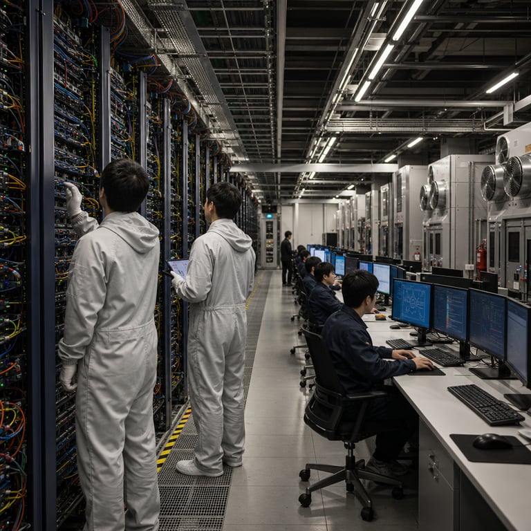 Inside a expansive Alibaba Cloud data center facility multiple parallel aisles of tall metallic server racks stretch deep into the interior each rack densely packed with layered hardware modules interconnected by thick bundles of multicolored cables that run along raised flooring channels and converge at central distribution points several anonymized technicians in neutral colored protective overalls and gloves stand with backs facing the viewer one technician reaches toward a rack panel to inspect connections while another holds a tablet device displaying abstract graphs and system status indicators without readable content adjacent to the hardware aisles a collaborative engineering workspace features long shared tables lined with multiple computer workstations each workstation equipped with arrays of flat monitors keyboards and pointing devices where generic figures sit focused on screens showing intricate flowcharts diagrams and network topologies representing agent orchestration processes and complex coding workflows cooling ventilation units line the perimeter walls with visible fan grilles and ducting systems maintaining stable conditions for the high capacity computing clusters supporting the Qwen model infrastructure storage cabinets filled with spare components and networking switches stand nearby with organized cable management trays overhead lighting fixtures illuminate the entire space evenly while emergency stations equipped with extinguishers and first aid kits are positioned at regular intervals along the walls the scene integrates direct views of the physical infrastructure powering post training enhancements for the Qwen3.8-Max-0902 snapshot on the existing large scale model alongside active development areas where teams address engineering tasks through shared interfaces connected to QwenCloud resources additional elements include floor markings guiding foot traffic between zones reflective surfaces on equipment housings and subtle indicator lights on hardware panels the overall environment emphasizes the preserved architecture and extended context handling capabilities through visible scale of the installation with rows of identical racks demonstrating the 2.4T model foundation and associated orchestration tools without any textual elements present on any surface or display the composition centers on the seamless blend of hardware maintenance activities and software engineering collaboration within the Alibaba Cloud setting highlighting the real world operational backbone for the coding focused updates.