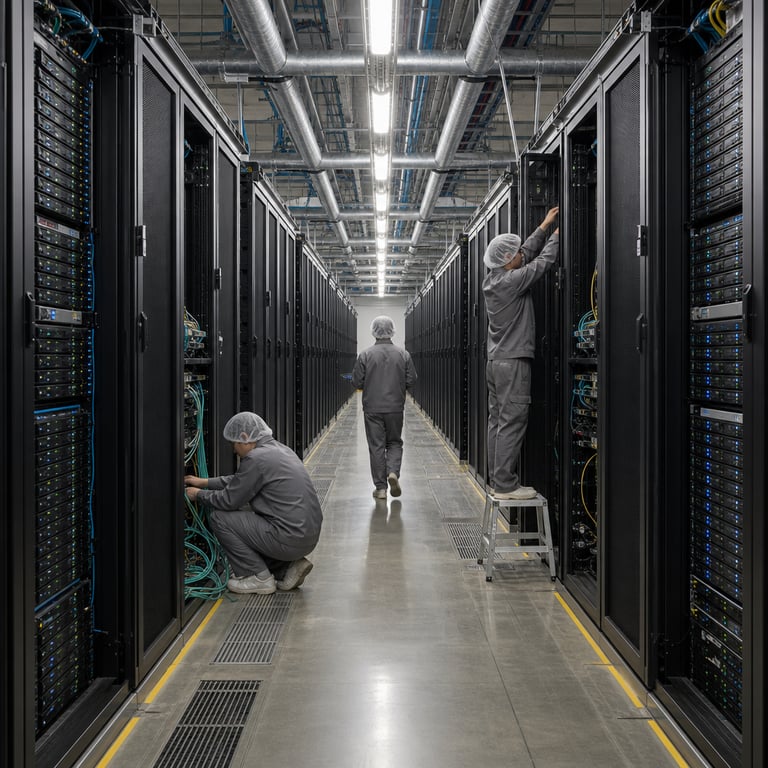 Inside a vast Alibaba Cloud data center facility rows upon rows of tall black server racks stretch into the distance each rack filled with densely packed blade servers and networking equipment their indicator lights glowing steadily in cool blue and green tones without any markings or displays visible a team of anonymous technicians in plain gray uniforms and hairnets work methodically at open cabinet doors one technician kneels on the polished concrete floor connecting thick fiber optic cables to a central distribution unit another stands on a small step stool adjusting airflow panels on the upper section of a rack while a third technician walks between aisles carrying a diagnostic tablet held at waist level with both hands the floor features embedded cable management channels and subtle yellow safety lines marking walkways overhead large HVAC ducts and cooling pipes run parallel to the racks maintaining the controlled environment the scene captures the moment of infrastructure readiness for deploying a massive scale mixture of experts artificial intelligence model through cloud application programming interfaces with multiple racks representing the distributed computing power required for a two point four trillion parameter system the technicians remain faceless with backs or sides turned to the viewer ensuring no personal identification the entire environment emphasizes industrial scale hardware assembly clean room protocols and operational precision in a high capacity cloud computing hall without any visible logos text interfaces or screens displaying content the perspective is from eye level looking straight down a long central aisle flanked symmetrically by identical server columns creating a sense of depth and technological scale the lighting is uniform overhead fluorescent panels reflecting softly on metallic surfaces and floor tiles the overall composition focuses on the tangible hardware and human activity supporting the general availability launch of advanced agentic model capabilities via competitive rate cloud services shortly before open source weight distribution the scene avoids any symbolic representations instead grounding the illustration in the physical reality of data center operations for frontier scale model hosting and inference workloads