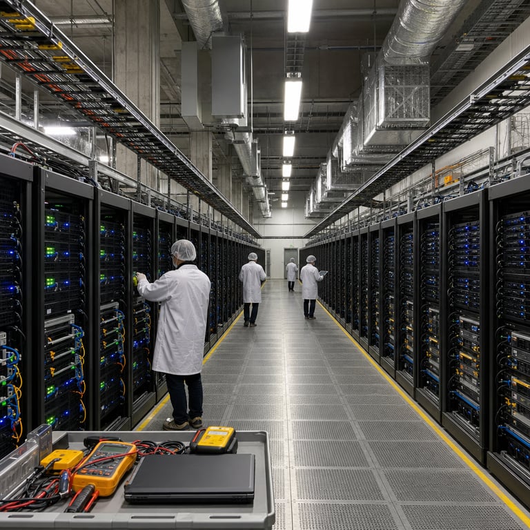 Inside a sprawling high-security Alibaba data center facility the scene captures a wide-angle view down a long central aisle flanked on both sides by identical rows of tall matte-black server racks stretching into the distance each rack standing approximately two meters high with evenly spaced ventilation grilles and multiple rows of small indicator LEDs glowing in steady patterns of blue and green the racks rest on a raised perforated metal floor designed for underfloor cooling airflow with visible bundles of thick black and blue network cables neatly routed along cable trays above and below the racks several anonymized technicians wearing plain white lab coats and hair covers appear with backs turned to the camera one technician stands at mid-distance adjusting a side panel on a rack while another walks further down the aisle carrying a tablet another figure is partially visible at the far end near an open maintenance door revealing additional identical racks beyond the walls are industrial concrete painted in neutral gray with exposed metal support beams and large silver air-handling units mounted high along the ceiling producing visible streams of conditioned air the lighting is bright even and functional coming from long rectangular ceiling panels that cast soft shadows on the floor surfaces showing subtle scuff marks from equipment movement in the foreground a wheeled cart holds a closed laptop and a stack of diagnostic tools including multimeters and cable testers without any markings or screens displaying content the overall composition emphasizes the scale and density of the hardware installation with multiple identical racks receding symmetrically into the background creating a sense of organized technological infrastructure focused on efficient operation cooling fans inside the racks are visible through the grilles spinning at moderate speeds and bundles of fiber optic cables with their distinctive orange and aqua coloring run along the sides of each rack the environment includes subtle details such as small puddles of condensation near the base of the air handlers polished concrete support pillars at regular intervals and safety yellow floor markings indicating walkways the entire scene is captured from a slightly elevated perspective to convey the vastness of the facility while keeping all elements grounded in a single continuous real-world space without any division or added elements the hardware layout suggests specialized configurations for large-scale model serving with emphasis on power distribution units mounted at the base of each rack showing thick power cables and redundant connections the air is clear with faint haze from the cooling systems and the overall atmosphere conveys a professional operational environment dedicated to reliable high-volume computational workloads.