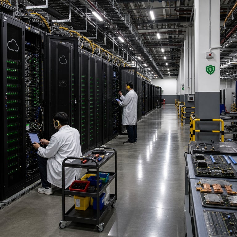 Inside a vast secure Alibaba data center facility dedicated to QwenCloud operations multiple rows of tall black server racks stretch into the distance each rack filled with densely packed GPU accelerator modules and networking switches illuminated by rows of small green status LEDs indicating active computation clusters supporting large scale sparse mixture of experts inference workloads generic anonymous technicians wearing white lab coats ear protection and ID badges with backs turned to the viewer stand at open rack doors using tablet devices to monitor system health metrics one technician adjusts cabling connections on a lower shelf while another points toward a diagnostic display on an adjacent rack wall mounted cooling units hum with visible condensation lines running along overhead pipes and industrial grade power distribution units line the concrete floor with heavy duty cables neatly bundled and routed through raised floor grates reflective polished concrete surfaces show subtle reflections of the rack lights creating depth in the industrial environment air filtration vents are visible high on the walls alongside emergency signage symbols without any lettering large metal support columns divide the space and safety barriers cordon off restricted zones in the background a separate area holds test benches with disassembled hardware components including cooling plates and interface boards arranged for inspection the overall atmosphere conveys high precision engineering activity centered on deploying and maintaining the Qwen3.8-Max 2.4 trillion parameter model alongside the smaller Qwen3.8-27B variant both scheduled for open weight release the scene includes subtle branding elements such as stylized cloud motifs etched into rack panels representing QwenCloud infrastructure without any readable text or logos multiple layers of cabling trays overhead carry fiber optic lines and power conduits contributing to the dense technical environment generic figures remain faceless and non identifiable emphasizing the hardware and operational setting of frontier model infrastructure rollout on August timelines the composition focuses on authentic industrial details like torque wrenches on tool carts spare component bins labeled with color codes only and environmental sensors mounted on pillars capturing the real world scale of cloud based AI model hosting and preparation for public weight availability