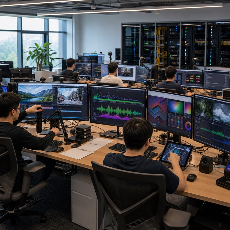 Inside a spacious modern technology workspace at an Alibaba Cloud facility a team of anonymous professionals with backs facing the viewer sit at long wooden desks arranged in a collaborative open layout each station equipped with multiple large flat panel monitors connected to desktop towers external microphones positioned on adjustable stands high resolution webcams mounted above screens tablets propped on stands and arrays of portable storage drives linked via cables one monitor displays a vibrant landscape photograph next to a paused video frame showing urban streets another screen shows detailed audio spectrum graphs with colorful oscillating lines representing sound waves a third monitor presents layered visual compositions of abstract shapes and color gradients suggesting image processing a fourth screen exhibits dynamic video playback of natural environments like forests and oceans with overlaid timelines all hardware arranged neatly without any markings the professionals interact with keyboards and touchpads in focused postures one individual adjusts a microphone stand while another points at a tablet screen displaying visual data charts a background area features server racks with blinking indicator lights and organized cable bundles symbolizing large scale context handling and computational efficiency the overall setting includes neutral colored walls large windows allowing natural daylight to illuminate the space potted plants adding greenery ergonomic office chairs scattered documents without writing and various peripheral devices like speakers and external cameras positioned to capture multimodal inputs the scene conveys seamless integration of image audio video and data processing capabilities through visible hardware connections and active screen content representing advanced agentic workflows productivity enhancements and creative tool extensions in a real world professional environment with precise details on desk clutter patterns monitor bezels cable routing chair upholstery textures floor carpeting and subtle reflections on glossy screen surfaces emphasizing practical deployment of open source extensions for real world execution scenarios.