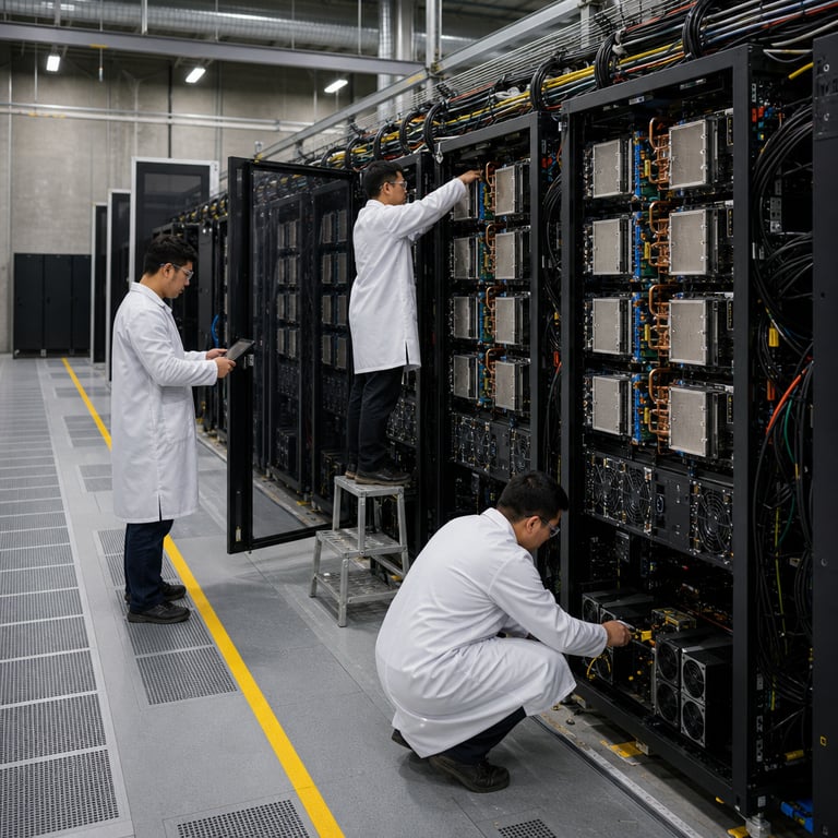 Inside a vast industrial data center facility situated in an industrial park near Toronto the scene shows multiple parallel rows of tall black server racks stretching deep into the background with open front panels exposing dense arrays of electronic components the racks contain numerous AMD Instinct GPUs featuring large aluminum heat sinks intricate copper heat pipes and arrays of cooling fans alongside specialized model-hardwired inference accelerator cards connected via high-speed interconnects the servers integrate AMD EPYC CPUs as prominent large square processors seated on motherboards surrounded by banks of DDR memory modules and extensive cabling the overall rack architecture reflects AMD Helios rackscale solutions with modular chassis designs optimized for high-density AI workloads several anonymous technicians dressed in plain white lab coats dark trousers and safety glasses work methodically around the equipment one technician kneels on the raised perforated floor adjusting power distribution units inside a lower rack compartment another stands on a small step stool reaching into an upper section to secure fiber optic cables while a third technician holds a tablet-like diagnostic device near an open server door examining internal connections the raised access floor consists of gray metal tiles with ventilation grilles allowing cool air to flow upward overhead cable management trays overflow with neatly bundled black power cords multicolored Ethernet cables and thick fiber optic lines running along the ceiling the walls are plain concrete painted light gray with visible metal support beams and large industrial ventilation ducts the lighting is uniform and functional from rectangular ceiling fixtures the air carries a faint mechanical hum from numerous cooling fans and the entire environment emphasizes precision engineering focused on combining GPU acceleration with dedicated inference hardware for superior AI performance the floor features yellow safety markings delineating equipment zones and walkways additional closed racks line the far walls creating depth and scale while foreground details highlight the texture of circuit board surfaces metallic connectors and thermal paste applications on chip interfaces the composition centers on the hardware integration process with technicians positioned to show collaborative technical activity without any written markings logos or text elements present anywhere in the frame