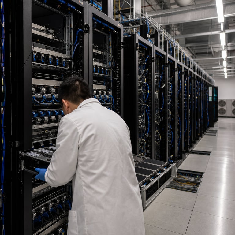 Inside a large modern data center facility multiple tall black server racks stand in precise parallel rows extending deep into the background each rack densely populated with AMD Instinct GPU accelerator cards mounted on trays that slide outward for maintenance visible high bandwidth interconnect cables in blue and black snake between modules alongside power distribution units and liquid cooling manifolds with condensation lines running overhead the entire installation represents the hardware cluster employed to train the Instella-MoE-16B-A3B-Think mixture of experts model entirely from scratch using the ROCm software platform and Primus orchestration tools an anonymized technician wearing a white cleanroom coat and blue nitrile gloves stands with back turned to the viewer leaning slightly forward to examine one extended GPU tray the technician has short dark hair and is positioned in the left foreground the racks emit a soft operational glow from status LEDs while the polished concrete floor reflects the overhead fluorescent panels and the raised access floor panels are slightly ajar revealing bundles of fiber optic cabling beneath in the mid ground another rack shows open side panels exposing internal motherboard layouts and dense arrays of memory modules the far background contains additional rows of identical hardware with HVAC ventilation ducts and air handling units maintaining the controlled environment subtle details include dust filters on intake grilles metal cable management arms neatly bundled connectors labeled only by shape and color variations in thermal paste residue on heatsinks and the precise alignment of PCIe slots all elements collectively illustrate the full pipeline release of the Instella-MoE family achieving leading performance on AIME25 among completely open models the scene includes no written information only physical hardware objects and human activity within the real world computing facility setting with every surface showing industrial textures of brushed aluminum matte black plastic and braided shielding on cables creating a dense layered composition that emphasizes scale and technical specificity of the AMD powered training infrastructure