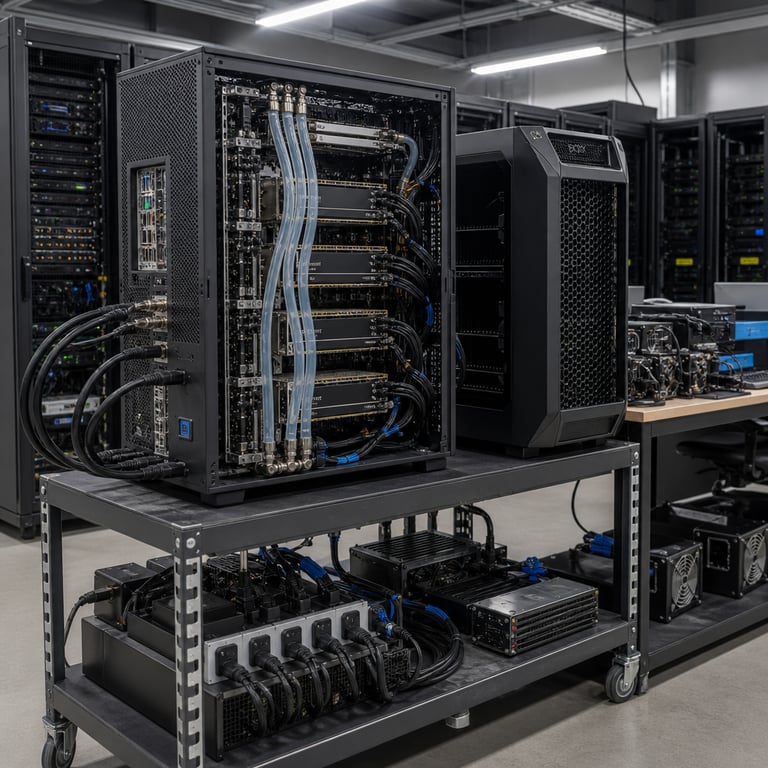 In a brightly lit modern enterprise server room with neutral gray walls and polished concrete flooring a large prototype deskside workstation tower stands prominently on a sturdy metal equipment cart the unit features a tall black chassis with visible liquid cooling manifolds and thick translucent coolant tubes running along the side panels revealing internal components including multiple large liquid-cooled accelerator boards arranged in parallel slots heavy power cables and data interconnects snake from the rear ports to nearby rack-mounted power distribution units and network switches the workstation sits beside a comparable competing enterprise AI station of similar size and form factor both units positioned for direct side-by-side visual comparison on the cart surface nearby a standard office desk holds additional hardware accessories such as spare cooling pumps external storage enclosures and diagnostic tools an array of high-capacity power supplies and cooling radiators rest on lower shelves beneath the cart with organized bundles of black and blue cabling secured by velcro ties the background shows rows of server racks filled with enterprise-grade equipment and ventilation grilles overhead fluorescent lighting casts even illumination across the scene highlighting metallic surfaces and the intricate arrangement of cooling hardware and expansion slots the overall composition emphasizes the physical scale and engineering density of the deskside AI system designed for intensive local model training and inference tasks with clear visibility of the multi-accelerator configuration and robust thermal management infrastructure typical of high-end Zen architecture based enterprise platforms
