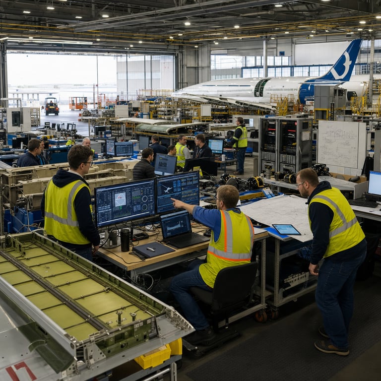 Inside a vast brightly lit aircraft assembly hangar belonging to a major American airplane manufacturer rows of anonymous engineers in standard safety vests and casual work attire gather around multiple large workstation tables covered with physical wing components fuselage sections and wiring harnesses. On the tables sit several industrial grade laptop computers and desktop monitors displaying interconnected data dashboards that show unified streams of production metrics supply chain information design specifications and performance analytics all flowing together without any visible separation or isolated silos. Thick network cables run visibly between the machines and nearby server racks indicating the recent unification of previously disconnected AI data platforms. In the background tall rolling tool carts hold precision measurement devices and 3D printed prototype parts while large windows reveal the tail section of a partially completed commercial jet visible through the open hangar doors. One engineer points at a shared screen while another reviews a printed schematic placed beside a tablet showing synchronized project timelines. The entire workspace conveys accelerated progress with finished sub assemblies stacked neatly ready for installation reflecting how connected workflow systems have allowed stalled aerospace initiatives to advance rapidly from weeks of delay to timely delivery milestones. Additional details include overhead fluorescent lighting illuminating metallic surfaces scattered coffee cups and safety helmets on side benches large rolling whiteboards covered in handwritten diagrams without legible text heavy duty floor mats protecting the concrete from equipment movement and distant figures operating forklifts transporting standardized parts containers all reinforcing a productive real world manufacturing environment driven by integrated AI data architecture.