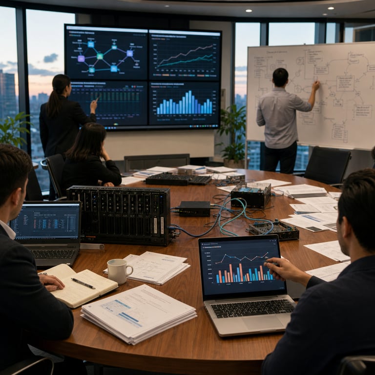Inside a spacious modern enterprise headquarters conference room with floor-to-ceiling windows overlooking a city skyline at dusk, several anonymous professionals in neutral business attire sit around a large polished wooden table covered with open laptops and stacks of physical printouts. One person points toward a central laptop screen displaying abstract colorful bar charts and line graphs that connect segmented AI agent interaction timelines to downstream customer retention indicators and revenue figures without any visible lettering or symbols. Scattered across the table are hardware components including small server racks representing AI agent processing units, network cables linking to product event tracking modules, and printed session logs showing task completion scores, quality metrics, and safety evaluations. In the background, additional anonymous figures stand near wall-mounted displays illustrating aggregated data flows from AI agent deployments directly correlating agent performance outputs with enterprise business outcomes such as increased customer lifetime value and reduced churn rates. The room features neutral corporate decor with potted plants, soft ambient lighting from overhead fixtures, and a large whiteboard covered in handwritten diagrams mapping full-session AI agent analytics to measurable impacts on product usage and financial performance. All individuals remain faceless or viewed from behind to maintain anonymity while the overall composition emphasizes the concrete linkage between AI agent operational data and quantifiable business results in a real production environment setting. Detailed textures include the grain of the wooden table surface, the matte finish on laptop casings, the subtle glow from multiple illuminated screens showing interconnected data visualizations, the weave of fabric on business clothing, and the reflective surfaces of glass windows revealing distant urban architecture. The scene captures a moment of collaborative review where the professionals examine how agent task completion rates, output quality assessments, and safety compliance scores integrate with broader product event streams to demonstrate direct effects on retention metrics and revenue generation as observed in active enterprise deployments of advanced analytics platforms.