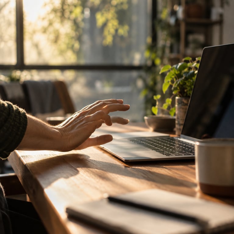 A hand lifting from a laptop keyboard in a sunlit office, with a plant and mug nearby