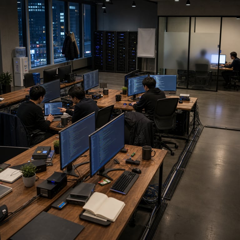 Inside a spacious open-plan technology research office at dusk with large floor-to-ceiling windows showing city lights outside, several anonymous figures wearing casual business attire sit at long shared wooden desks equipped with multiple flat-panel monitors, mechanical keyboards, and external hard drives connected by thick black cables. The figures are viewed from behind or in three-quarter profile with faces obscured by angles or hair, each focused intently on programming workflows across their screens that display only abstract blurred patterns of syntax without any legible characters. On one side of the room a cluster of three figures collaborates around a central laptop while pointing at shared code repositories and test result dashboards, representing the public-access version of advanced coding models, while on the opposite side of the same continuous space a separate pair of figures works in a cordoned alcove behind a frosted glass partition symbolizing restricted access for vetted organizations. Scattered across the desks are physical objects including open notebooks with blank pages, USB drives labeled only with color stickers, stacks of technical reference books with closed covers, and small potted plants. In the background rows of server racks with blinking status lights line the far wall next to a whiteboard covered by a large sheet of paper to prevent any markings from being visible. The entire environment features neutral gray and blue tones, modern ergonomic chairs, overhead pendant lighting, and visible network cables running along the floor in neat conduits. Additional details include a water cooler in the corner, a coat rack with jackets, a coffee mug on each desk, a small potted succulent near the monitors, and subtle reflections on the polished concrete floor. The scene captures the atmosphere of high-stakes software development and benchmark evaluation through the arrangement of hardware, the concentration of the anonymous workers, the division between open and restricted workspace zones, and the presence of terminals and data storage devices that evoke performance testing in coding benchmarks without any visible text, logos, numbers, or user interface elements anywhere in the frame.