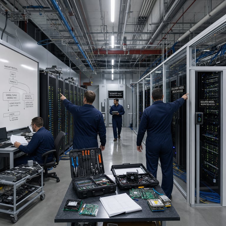 Inside a secured corporate research facility operated by a leading artificial intelligence developer a long rectangular control room stretches under even overhead illumination with rows of black server racks lining both walls each rack fitted with blinking status LEDs and thick bundled cables running along the floor to central junction boxes. In the foreground two anonymous technicians wearing plain dark blue coveralls stand with backs to the viewer one technician points toward a primary rack labeled internally for broad model deployment while the second technician gestures toward an adjacent isolated rack separated by a clear security partition and accessible only through a keycard reader. On a central work table lie open hardware diagnostic kits containing multimeters screwdrivers and spare cooling fans alongside printed circuit boards from recent model training clusters. A third technician seated at a side console reviews printed system logs while a fourth technician walks between the racks carrying a tablet device showing network diagrams. The room also contains wall-mounted whiteboards covered with handwritten flowcharts illustrating model handoff protocols between general purpose inference paths and restricted paths reserved exclusively for vetted cybersecurity and critical infrastructure clients. Additional details include overhead cable trays heavy duty uninterruptible power supply units stacked along the rear wall industrial grade air filtration vents and a distant doorway leading to a secondary vault area marked for limited access personnel only. The overall composition centers on the physical separation of computing hardware representing the dual safety approach where one model variant remains broadly available with automatic topic redirection safeguards while the companion variant stays confined to pre approved users in sensitive sectors such as infrastructure protection and threat analysis. Subtle environmental elements include condensation on chilled water pipes running above the racks scattered tool carts holding spare hard drives and network switches and faint reflections of the server lights on the polished concrete floor. The scene captures the tangible infrastructure supporting simultaneous release of two advanced model families one optimized for open research use and the other hardened for specialized high stakes applications without any visible branding text or interface elements.