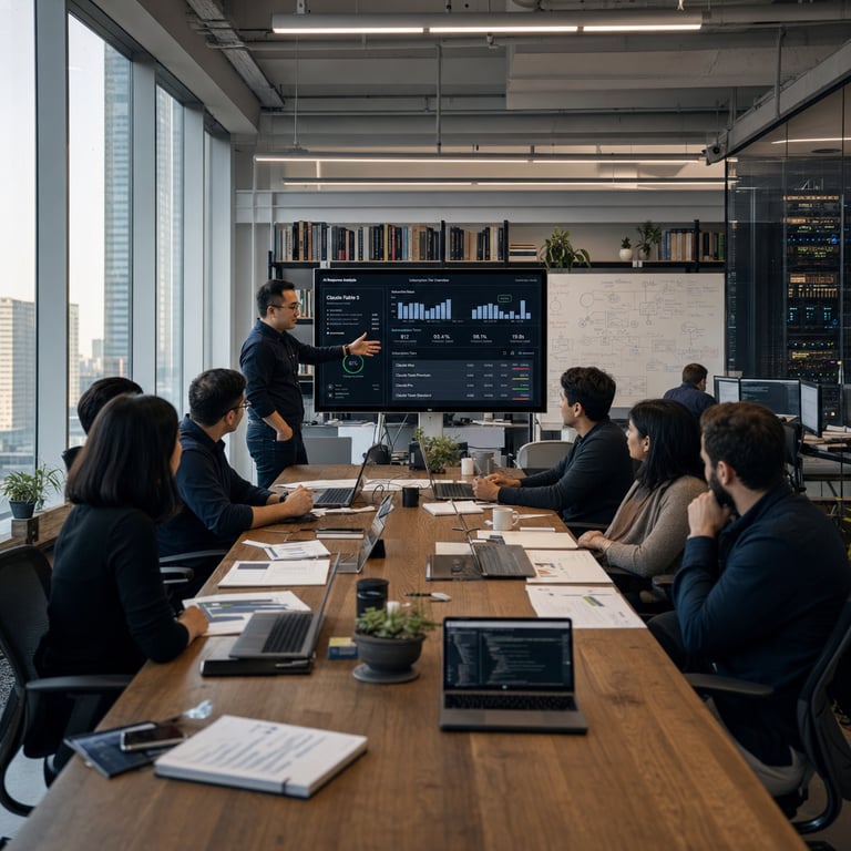 In a modern open-plan technology office workspace with floor-to-ceiling windows overlooking an urban skyline during daylight hours multiple anonymous professionals dressed in business casual attire sit around a large wooden conference table covered with open laptops tablets and notepads. One individual at the head of the table gestures toward a shared screen displaying complex data visualizations and interactive AI response interfaces while colleagues lean forward attentively reviewing outputs from an advanced language model integrated into subscription-based productivity tools. Nearby desks feature additional anonymous figures typing queries into premium-tier software platforms on high-end laptops with external monitors showing collaborative project dashboards and resource allocation metrics. The environment includes subtle hardware elements such as server racks visible through a glass partition potted plants along the window ledges ergonomic office chairs scattered documents with charts and graphs and coffee mugs placed beside keyboards. The overall composition captures a moment of team collaboration emphasizing access to enhanced AI capabilities within higher subscription levels where users benefit from reduced usage limits and supplementary credits allocated across standard and premium accounts. Background elements include bookshelves lined with technical reference volumes whiteboards covered in handwritten diagrams of system architectures and network cables connecting various devices illustrating ongoing capacity management in a competitive artificial intelligence development landscape. Details extend to the precise arrangement of ergonomic keyboards with illuminated keys mouse devices positioned for efficient workflow natural light casting soft shadows across the workspace surfaces and the presence of multiple anonymous back-turned figures engaged in focused discussions about model performance enhancements and plan tier integrations. The scene conveys the practical rollout of an advanced model named Claude Fable 5 becoming standard within offerings like Claude Max and Claude Team Premium while other users on Claude Pro and Claude Team Standard receive compensatory credits amid broader industry adjustments for resource distribution. Additional visual layers include reflections on polished table surfaces of the surrounding architecture the texture of fabric on office chairs the grain of the wooden furniture the arrangement of potted succulents and the varied postures of individuals indicating active engagement with AI-assisted workflows in a real-world corporate setting dedicated to frontier model deployment and subscription service enhancements.