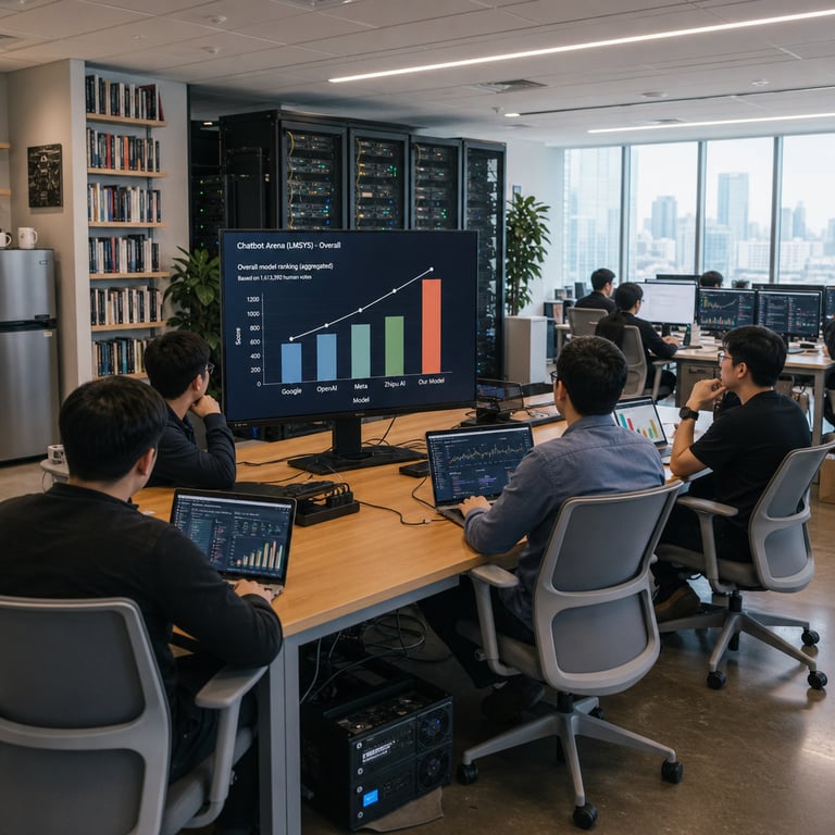Inside the open plan headquarters of a leading artificial intelligence research organization a cluster of anonymous professionals wearing neutral business casual clothing such as solid colored shirts and dark trousers sit with their backs partially turned toward the viewer around a wide wooden conference table holding multiple high performance laptops and external monitors connected by visible cables to tall black server racks lining the far wall the professionals gesture toward the central monitor where abstract colorful bar charts and ascending line graphs illustrate comparative performance of frontier artificial intelligence systems with one prominent elevated bar positioned above representations of systems associated with competing organizations the room contains floor to ceiling windows revealing a distant city skyline rows of ergonomic office chairs in muted gray tones scattered potted green plants along the perimeter low bookshelves filled with technical reference volumes a small kitchenette area visible in the background with stainless steel appliances and ceramic mugs resting on the counter polished concrete floors reflecting overhead ambient illumination white acoustic ceiling panels and subtle ventilation grilles the scene emphasizes a collaborative atmosphere focused on evaluation of model rankings derived from aggregated human preference votes across multiple chatbot platforms the server racks feature blinking status indicator lights in green and blue tones bundles of network cables organized in cable trays along the walls additional workstations in the midground display similar abstract visualization dashboards without any visible markings the professionals hold tablets showing further graphical summaries of arena style evaluations the entire environment conveys the achievement of a specific model from the hosting organization surpassing offerings from Google OpenAI Meta and Zhipu AI in the latest snapshot of crowd sourced human judgments the composition centers on the primary workstation area with hardware components including cooling fans visible through mesh side panels of the server units and neatly arranged power distribution units beneath the table the overall setting remains grounded in a realistic corporate research facility interior populated solely by generic figures and standard technology hardware elements that directly reference the leading position attained by the named model in the reported evaluation