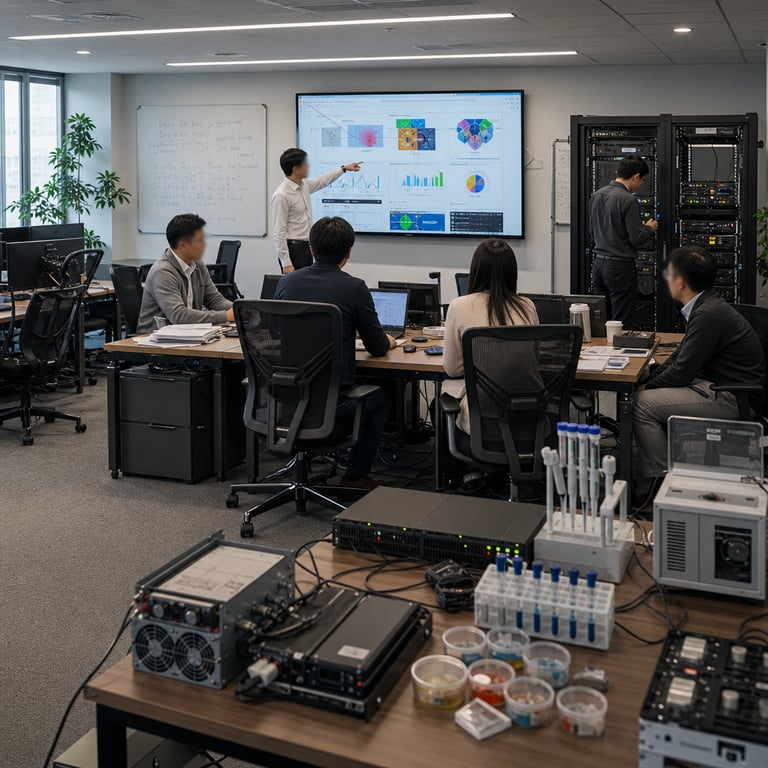 Inside a spacious modern enterprise technology research facility multiple anonymized professionals in neutral business attire sit and stand around a long wooden conference table covered with open laptops wireless keyboards external hard drives and stacks of technical documents while one person points toward a large wall mounted display screen showing abstract colorful charts and graphs without any readable elements another individual examines a rack of black server units with blinking indicator lights on the side of the room several workstations feature external GPU enclosures connected via thick cables to desktop towers and on a separate side table there are arrays of laboratory glassware including test tubes pipettes and petri dishes alongside compact hardware modules resembling control units for aerospace simulations the professionals include individuals with their backs facing the viewer and others in profile view all focused on collaborative tasks involving computational models for agent based systems one section of the room displays cooling fans on server enclosures and neatly arranged power supply units while nearby a bio analysis station holds sealed sample containers and measurement devices the overall environment includes ergonomic office chairs with mesh backs neutral colored carpet flooring large windows allowing natural daylight to enter potted green plants in corners whiteboards covered in handwritten diagrams that remain illegible from distance and additional equipment such as network routers switches and portable storage drives scattered across surfaces the professionals appear engaged in discussions about tiered system access and cost efficient deployment strategies for specialized computational agents with some gesturing toward hardware components associated with protected research domains in biological sciences and space exploration missions the scene captures a realistic live action moment of enterprise adoption of advanced AI tools in a secure professional setting with emphasis on physical objects like cable management trays under desks ventilation grilles on equipment racks and varied textures of metal plastic and fabric materials throughout the space no individuals have distinguishable facial features or identities and all activities remain focused on hardware interactions and group review processes.