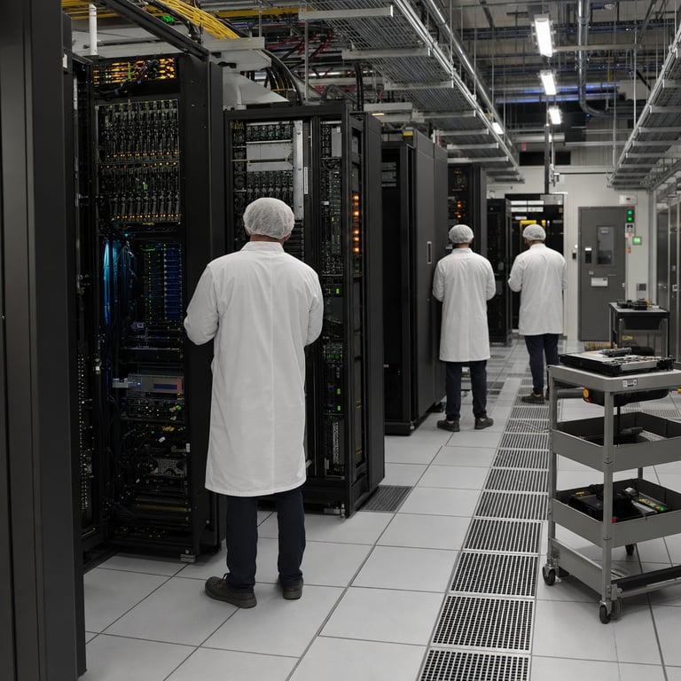 Inside a vast secure American data center facility dedicated to frontier artificial intelligence infrastructure a group of anonymous technicians wearing generic white lab coats and hair nets with their backs turned to the viewer carefully inspect multiple tall black server racks filled with dense clusters of specialized GPU accelerators and cooling systems the racks are arranged in long orderly rows under bright overhead industrial lighting with visible cabling bundles and status indicator lights glowing in patterns of green and amber one central rack features hardware modules explicitly configured for the Claude Mythos 5 system developed by Anthropic including custom interconnect boards and memory arrays optimized for large scale model inference nearby another set of racks shows parallel configurations associated with competing systems from OpenAI creating a visual contrast that highlights intensifying domestic competition the entire environment includes reinforced concrete walls with access control panels biometric scanners and sealed entry doors indicating restricted zones for foreign nationals while trusted domestic partner zones remain fully operational with technicians handling maintenance tasks such as swapping modular compute units checking thermal management systems and verifying power distribution units the floor is covered in raised perforated tiles revealing underfloor cabling and chilled air circulation the scene also incorporates subtle references to Project Glasswing through specialized shielded enclosures housing additional accelerator cards and cooling manifolds connected via high bandwidth optical links to the main Claude Mythos 5 arrays scattered throughout the facility are generic unlabeled equipment carts holding spare parts and diagnostic tools with no visible markings or interfaces the overall composition emphasizes the post export control environment where US based access has been enabled for approved partners amid ongoing safety review protocols the technicians appear focused on routine operational checks that symbolize the secure rollout of the model within national boundaries the background shows additional server aisles extending into the distance with emergency safety equipment such as fire suppression nozzles and environmental monitoring sensors mounted on the walls creating a hyper detailed realistic portrayal of a live action photojournalistic moment capturing the essence of domestic AI infrastructure deployment for Anthropic Claude Mythos 5 while maintaining clear separation from foreign access protocols and underscoring competition dynamics with OpenAI all elements grounded exclusively in hardware settings and anonymized figures without any textual elements or identifiable individuals