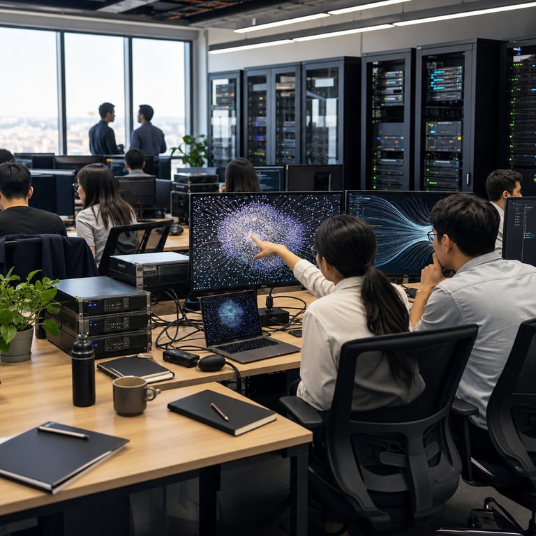 Inside a modern open-plan technology research office filled with rows of ergonomic desks and multiple computer workstations a team of anonymous professionals wearing neutral business casual clothing sit facing their screens with their backs or sides turned to the camera. On the central desk a high-performance laptop connects through visible network cables to external server hardware racks positioned along the far wall representing cloud infrastructure integrations. The primary monitor displays an abstract visualization of an expansive interconnected data network with thousands of glowing nodes and pathways illustrating a massive one million token context window while a secondary monitor shows rapid dynamic flow lines indicating accelerated output generation in a premium fast mode. Nearby another workstation features additional hardware components including stacked processing units and interface modules symbolizing API preview access points. Subtle environmental details include potted green plants on shelves scattered technical reference books with blank covers closed notebooks pens and wireless headphones resting on desks along with coffee mugs and water bottles. The background shows additional anonymous figures standing near a large window overlooking an urban skyline with soft natural daylight illuminating the space. One individual gestures toward the screen while colleagues observe the abstract AI model representations without any visible text numbers logos or interfaces. The overall composition captures a live action moment of collaborative work focused on the flagship model launch including references to prior version iterations through archived hardware setups in the corner. Every element remains grounded in real-world technology environments with precise positioning of cables monitors server racks and office furniture creating a dense detailed scene that truthfully reflects the introduction of advanced context capabilities and accelerated API features in a professional setting without any prohibited elements.