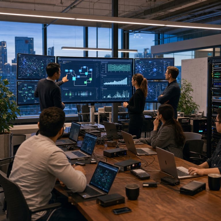 In a modern open-plan technology office with large windows overlooking an urban skyline at dusk, several anonymous professionals in business casual attire stand and sit around a long wooden conference table covered with open laptops, external hard drives, and server racks visible in the background, all focused intently on multiple computer displays showing complex graphical interfaces with abstract data visualizations, flowcharts of task automation sequences, and performance comparison charts without any readable text or labels, representing the release of advanced AI models where one system demonstrates superior agentic capabilities in handling multi-step workflows compared to previous iterations and a leading competitor model, with the central display highlighting efficiency gains in autonomous decision-making processes at reduced operational costs equivalent to prior versions but significantly lower than flagship alternatives, while side monitors depict integration points across various cloud platforms and enterprise software environments, emphasizing immediate accessibility and deployment readiness for users worldwide, the room illuminated by soft overhead LED panels and the glow from screens creating a focused collaborative atmosphere with subtle reflections on polished surfaces, individuals gesturing towards specific sections of the interfaces to discuss improvements in reasoning depth and execution speed for real-world applications such as research synthesis and operational automation, the overall composition capturing the essence of a major model launch from a leading AI research organization positioning its latest offering as a strong second-tier contender behind a top-tier rival in terms of capability benchmarks while maintaining competitive pricing structures aligned with earlier releases, surrounded by additional elements like network cables, cooling fans on hardware units, whiteboards with erased diagrams in the periphery, and potted plants adding a touch of greenery to the professional setting, all elements arranged to convey a sense of innovation, technical achievement, and strategic market positioning in the frontier of artificial intelligence development without any direct identifiers or textual elements present anywhere in the scene.