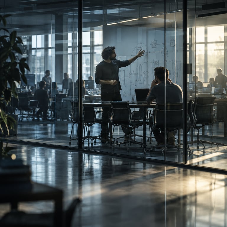 A developer gestures toward a diagram while a colleague watches in a glass-walled office.