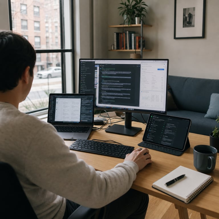 A single anonymous individual wearing neutral casual clothing sits with back partially turned at a standard wooden desk inside a modest residential apartment converted into a workspace containing generic computer hardware including an open laptop computer connected to external monitor displaying an interactive chat interface alongside multiple browser windows and file management panels representing advanced planning sequences and tool utilization capabilities the person holds a wireless mouse in one hand while the other rests near a keyboard with cables neatly arranged on the desk surface next to a plain notebook and pen the background shows a simple living area with a sofa and window revealing an urban street view outside the laptop hardware is a mid-range consumer model typical for everyday users accessing subscription based artificial intelligence services the scene captures the integration of sophisticated agentic functionalities such as task decomposition sequential reasoning and external system interactions like web navigation and operating system verification processes previously associated only with premium tier models now available through standard free and professional access tiers the desk also features a secondary tablet device showing additional interface elements for cross platform tool calls the overall environment includes everyday household items like a coffee mug and potted plant positioned away from the primary focus area to emphasize realistic daily usage context without any branding hardware identifiers or visual indicators the composition centers on the interaction between the human user and the computing setup symbolizing cost effective deployment of high performance artificial intelligence features from the company known for developing frontier models including successive iterations of conversational agents with enhanced operational competencies the room contains neutral colored walls and functional furniture typical of independent technology enthusiasts testing new software releases the person appears engaged in a multi step workflow involving information retrieval from digital sources and simulated environment controls illustrating the expanded accessibility of these capabilities across different user subscription levels the hardware setup avoids any specialized enterprise equipment focusing instead on accessible consumer electronics that align with broad availability for non expert individuals the scene remains entirely static with no motion blur or dynamic elements capturing a moment of ordinary engagement with upgraded artificial intelligence tools in a private setting
