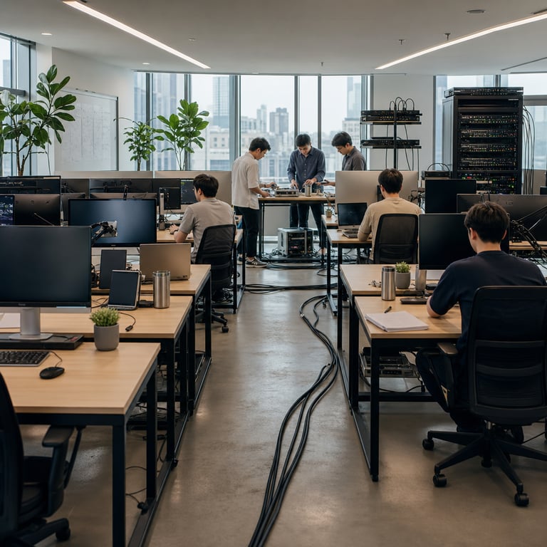 A spacious open-plan technology office interior features rows of identical modular desks constructed from light wood and matte black metal frames each holding a single large flat-screen monitor mounted on an adjustable arm a compact silver laptop positioned to the left of the monitor and a wireless keyboard and mouse set directly in front of a black ergonomic office chair with mesh backrest turned slightly toward the center aisle. On every desk surface rests a small potted succulent plant in a matte ceramic pot next to a stainless steel travel mug and a stack of plain white notepads held by a simple metal clip. In the mid-ground several anonymous individuals wearing neutral colored business casual attire sit with their backs or sides facing the viewer their hands resting on keyboards or trackpads while additional figures stand near a central collaborative table examining printed diagrams and hardware components including external hard drives connected by thick black cables that snake across the floor in organized bundles leading toward a wall-mounted rack of server units with glowing status indicator lights. The background shows floor-to-ceiling windows revealing an urban cityscape beyond a low partition wall lined with potted fiddle-leaf fig trees and a whiteboard covered by blank sheets of paper. The entire environment emphasizes connectivity and shared access through visible networking equipment such as routers switches and power distribution units placed on shelves above the workstations all rendered in realistic photographic detail with natural ambient light filtering through the windows and overhead recessed fixtures creating soft even illumination across the scene. Every element remains free of any markings symbols or lettering focusing solely on the physical arrangement of contemporary office technology hardware and anonymized human figures engaged in routine professional activity that visually conveys widespread availability of advanced computational tools to both individual and professional users within a shared workspace setting.