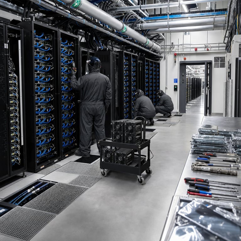 Inside a secure high technology data center facility operated by an artificial intelligence research organization rows upon rows of identical tall black server cabinets stand aligned on a polished gray concrete floor each cabinet fronted by dense arrays of compute modules interconnected by thick black and blue cabling that snakes neatly along cable trays overhead and beneath raised flooring panels. Anonymous technicians wearing plain dark gray coveralls and closed face shields stand with backs turned toward the camera view one technician extends an arm holding a diagnostic tool toward an open cabinet panel while two other technicians examine connections at the base of an adjacent rack. Large cylindrical cooling pipes run parallel above the cabinets carrying chilled fluid between external heat exchangers and internal heat sinks attached to graphics processing unit arrays inside each cabinet. Metal mesh flooring sections are lifted in several places revealing additional bundles of power distribution cables and network switches mounted on subfloor racks. In the mid ground a long metal workbench holds stacks of spare compute modules still sealed in anti static bags alongside rows of precision screwdrivers and torque wrenches arranged in orderly trays. A reinforced security door with electronic keypad and card reader stands open at the far end of the room leading into a secondary corridor where additional server cabinets are visible in the distance. Ventilation grilles integrated into the walls allow steady airflow across the equipment surfaces while fire suppression piping runs along the upper walls equipped with multiple sensor heads. The entire arrangement emphasizes hardware scale and controlled access infrastructure supporting advanced model deployments with multiple generations of processing units housed side by side to represent incremental performance improvements and safety focused configurations for agentic capabilities. Additional detail includes rows of identical uninterruptible power supply units positioned at the end of each aisle their status indicators dark and unlit heavy duty grounding straps attached to every cabinet frame and a wheeled cart carrying replacement fan assemblies parked near the center aisle. The composition centers on the physical infrastructure and anonymous personnel engaged in routine maintenance and verification tasks that illustrate the operational environment for newly released mid tier artificial intelligence systems alongside restored access configurations and performance parity efforts relative to higher tier offerings.