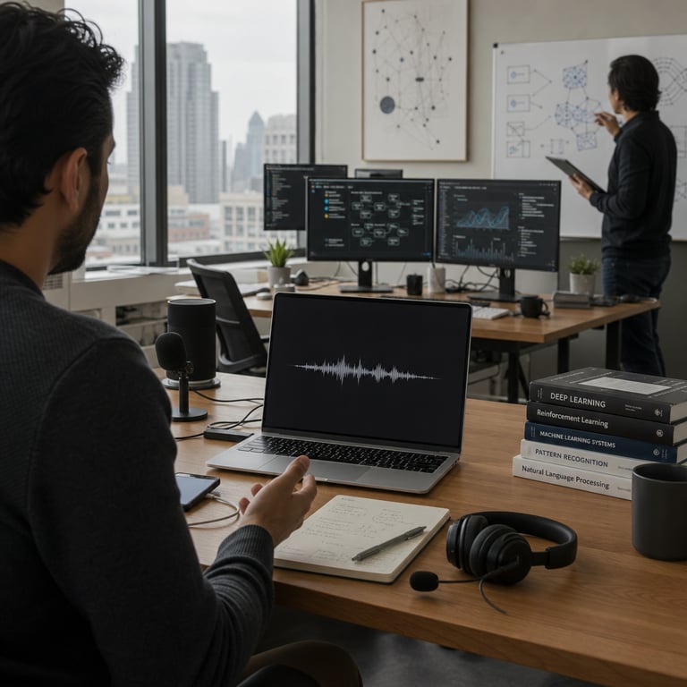 In a contemporary open-plan technology workspace with large windows overlooking an urban skyline, an anonymous professional sits at a minimalist wooden desk facing away from the camera, their posture relaxed yet attentive while engaging in a spoken conversation with an advanced AI voice interface on a sleek silver laptop positioned centrally on the desk surface. The laptop screen displays a clean dark-mode conversational interface without any visible text, logos, or UI elements, showing a waveform animation indicating active voice input and output. Nearby on the desk rests a high-quality wireless headset with a boom microphone, a stack of technical reference books on artificial intelligence and machine learning, a notepad with handwritten diagrams illustrating reasoning chains and tool-calling workflows, and a smartphone connected via cable to the laptop suggesting seamless device integration. In the background, additional workstations feature multiple monitors showing abstract data visualizations of model performance metrics, API call logs represented as flowcharts, and graphs depicting enhanced reasoning capabilities in spoken interactions. Soft natural daylight filters through the windows illuminating neutral-toned walls adorned with subtle abstract art prints representing neural network patterns. A second anonymous figure stands near a whiteboard covered in non-text diagrams of multimodal AI architectures, holding a tablet device. The overall environment includes potted plants, ergonomic office chairs, and subtle hardware elements like external microphones and speakers positioned for optimal voice capture and text-to-speech playback. The scene emphasizes a professional, focused atmosphere dedicated to testing and utilizing upgraded AI models for complex verbal tasks, tool integrations such as web searches or code executions handled through voice commands, and differentiation from previous default model selections. Every element in the frame underscores real-world deployment of frontier AI voice capabilities in a collaborative tech setting, with attention to precise object placement including charging cables, coffee mugs, and peripheral devices that support extended spoken dialogue sessions without any graphical overlays or identifiers.