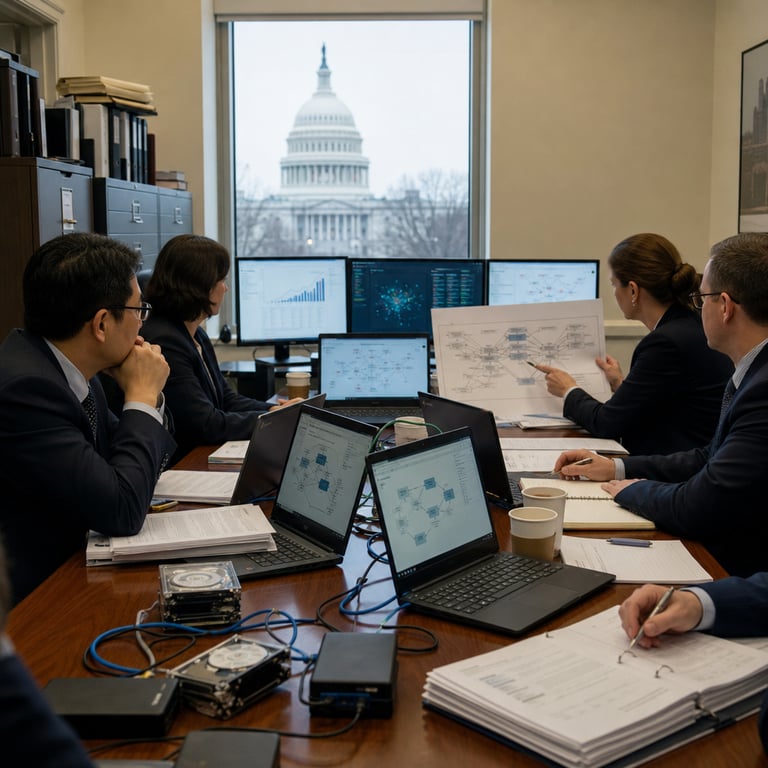 Inside a nondescript government office building in Washington D.C. a group of anonymous auditors and investigators sit around a long wooden conference table covered with open laptops displaying complex financial flow diagrams connecting an AI development company named Anthropic to independent safety evaluation organizations such as METR along with foundation names including Good Ventures Foundation Coefficient Giving Longview Philanthropy ARC and Redwood Research. The auditors who are generic back-turned or side-profiled figures in standard business attire examine printed spreadsheets and bound reports detailing equity donations originally from Dustin Moskovitz reaching a potential seven point seven billion dollar valuation that allegedly create self-reinforcing regulatory capture mechanisms between the AI firm and its evaluators. On the table rest multiple external hard drives server components and network cables symbolizing the underlying computational infrastructure of frontier model development while one investigator points to highlighted sections of a large printed chart mapping monetary transfers and ownership stakes without any visible text or logos. In the background a large window reveals the Capitol dome in soft daylight and additional analysts review similar materials on secondary monitors showing abstract data visualizations of valuation growth and philanthropic flows to Tarbell Center for AI Journalism and related entities. The room contains typical bureaucratic elements such as filing cabinets stacked folders coffee cups and neutral-colored walls creating a realistic live-action journalistic atmosphere focused solely on the documented financial interconnections and calls for congressional scrutiny of these ties. Every detail emphasizes concrete objects like the laptops the printed charts the hardware drives and the formal meeting environment to ground the illustration in the audit allegations without depicting any identifiable individuals or readable content.