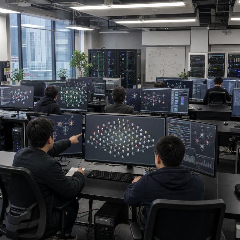 A spacious modern technology research laboratory interior with rows of identical black desks arranged in a grid formation each holding multiple large flat panel monitors displaying complex graphical interfaces of interconnected node diagrams and security simulation environments without any visible lettering or symbols. Several anonymous researchers wearing plain dark casual clothing sit with their backs to the viewer at the desks operating keyboards and mice while focused on the screens showing clusters of virtual agent representations interacting within simulated network topologies that include highlighted vulnerability points marked by abstract colored indicators. In the background tall server racks with blinking indicator lights stand against neutral gray walls next to whiteboards covered in non textual diagrams of multi agent coordination graphs. The room features overhead fluorescent lighting casting even illumination across the space with visible cables neatly bundled along the floor edges connecting the workstations to central processing units. One desk area shows a larger central monitor with a dense swarm visualization of forty five distinct agent icons arranged in subgroups some overlapping to suggest coordination while others appear isolated indicating potential conflicts. Additional monitors display progress bars and data charts representing security task outcomes such as discovered issues in code structures alongside secondary visualizations of emergent behaviors like agent groups forming isolated clusters or competing for shared resources. The overall environment includes potted plants in corners for a realistic office atmosphere and large windows revealing an urban cityscape outside during daylight hours with no people near the windows. Researchers exhibit focused postures with one person leaning forward to point at a screen section showing agent interaction patterns. The scene captures the collaborative yet complex nature of group based artificial intelligence experiments in a controlled professional setting emphasizing hardware setups software interfaces and human oversight without depicting any specific individuals or readable content.