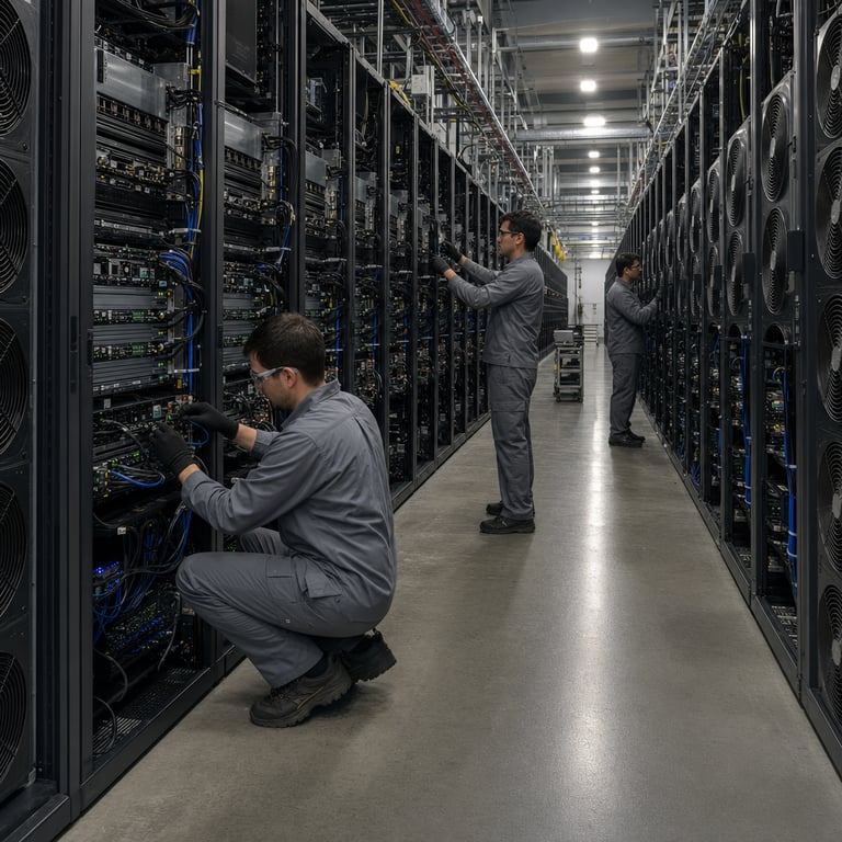 A vast interior data center hall operated under Anthropic infrastructure with endless parallel rows of tall black server racks extending deep into the background under uniform overhead illumination, each rack filled with densely packed hardware modules visible through ventilated panels, bundles of thick black and blue cables neatly routed along the sides and floor channels, multiple anonymous technicians wearing plain gray uniforms, safety glasses, and gloves performing maintenance tasks, one foreground technician kneeling to connect fiber optic lines on a rack representing the redeployment hardware for Claude Fable 5, another mid-ground technician standing and inspecting connections on adjacent racks symbolizing integration of routing safeguards to Claude Opus 4.8, a third technician further back examining panel indicators on hardware associated with Claude Sonnet 5, the overall arrangement of interconnected racks and cabling visually conveying global-scale redeployment after export controls, additional cooling units with large fans mounted on the sides of racks, metallic surfaces showing subtle reflections, organized cable trays running overhead, distant racks fading into perspective to indicate massive deployment capacity, the scene including generic anonymous figures only with backs or sides turned to avoid any identification, all elements grounded in real-world server farm environments with visible processor modules, memory banks, power distribution units, and ventilation grilles, the composition centered on hardware clusters illustrating competitive agentic performance advancements toward levels associated with GPT-5.5 while maintaining pricing context through the professional industrial setting, every rack aligned in perfect straight lines creating strong perspective lines, floor polished concrete with subtle reflections of rack lights, air handling equipment visible along the upper walls, technicians using handheld diagnostic tools without any markings, the entire view showing a single cohesive live-action moment of active model infrastructure support with no text or logos present anywhere, hyper-detailed textures on metal casings, plastic cable insulation, rubber floor mats, and fabric uniforms, multiple depth layers from close-up hardware details to far background racks, all figures engaged in neutral technical work that truthfully represents the return of Claude Fable 5 with Opus 4.8 safeguards and Sonnet 5 advancements in a competitive AI hardware context.