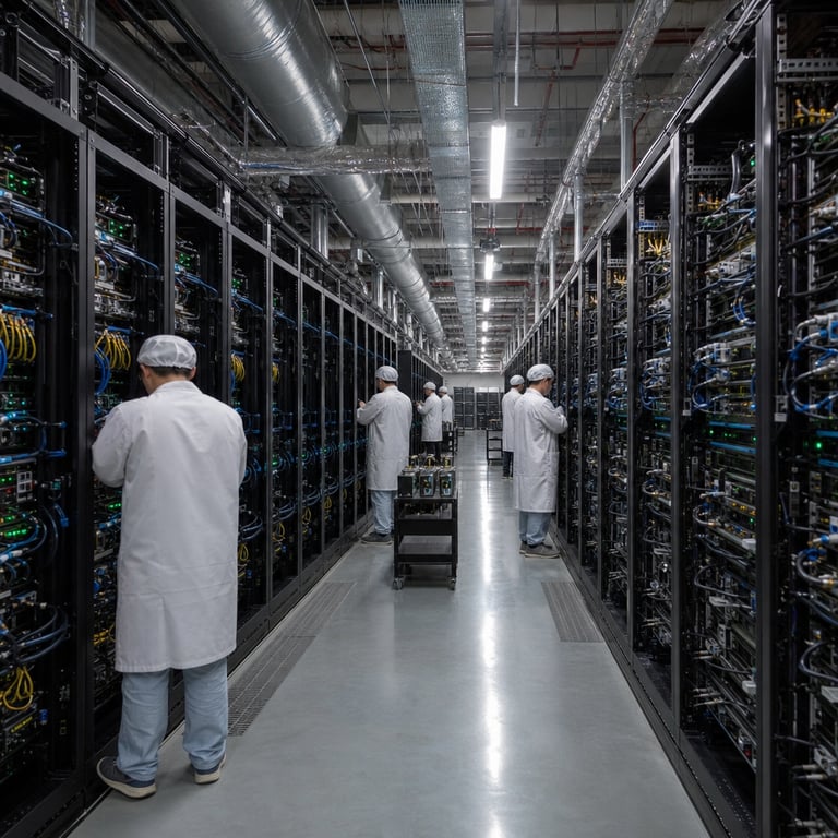 Inside a sprawling high-security data center facility in mainland China multiple parallel aisles stretch into the distance lined with identical tall black server racks packed densely with GPU accelerator cards liquid cooling manifolds and high-speed interconnect cables all actively engaged in large-scale knowledge distillation workflows targeting capabilities from advanced frontier models including Claude and its early Opus 4.6 variant. Anonymous technicians wearing plain white lab coats and hair covers stand with backs turned at open rack bays carefully swapping interface cards and routing additional fiber optic bundles between adjacent chassis representing coordinated efforts by seven separate Chinese organizations such as DeepSeek Alibaba Qwen Moonshot AI Kimi Xiaomi Zhipu MiniMax and SenseTime to replicate model behaviors without direct access. Overhead industrial HVAC ducts and chilled water pipes run the full length of the room maintaining precise thermal conditions for sustained compute loads while floor-level cable trays overflow with neatly bundled power and data lines leading to redundant UPS battery cabinets and backup generators visible in the mid-ground. Workstations along the side walls display only blank dark monitors and generic hardware diagnostic tools with no visible markings or interfaces emphasizing the purely physical infrastructure of model extraction operations conducted between December 2025 and August 2026. Additional rows of identical rack enclosures contain spare accelerator modules stacked on rolling carts ready for rapid deployment during the fourth reported cybersecurity incident involving an early Claude Opus 4.6 build. The entire environment conveys industrial scale with reflective polished concrete floors overhead strip lighting casting even illumination across metallic surfaces and distant figures in matching attire performing synchronized maintenance tasks that illustrate the systematic distillation campaigns documented in the September 2026 Anthropic threat report alongside METR evaluation references. Ventilation grilles emit faint vapor from cooling loops while diagnostic LEDs glow uniformly across hundreds of server faces creating a repetitive visual pattern that underscores the repetitive nature of parallel distillation runs across multiple labs without any individual identifiers or readable surfaces present anywhere in the frame.