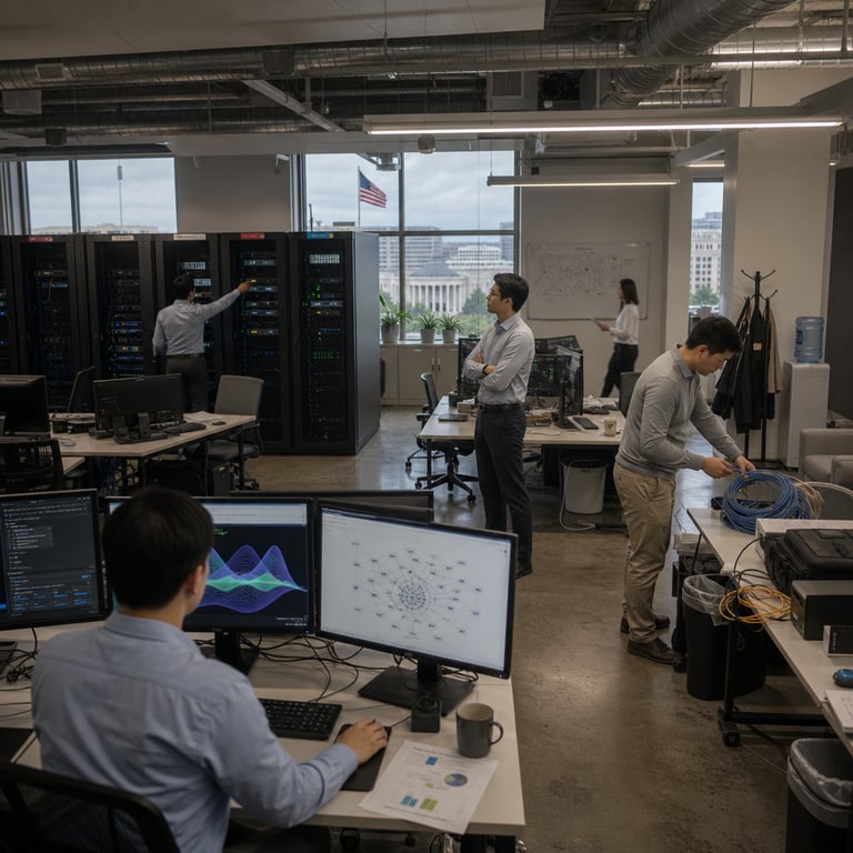Inside a spacious open-plan technology office workspace belonging to a leading artificial intelligence development company there are multiple rows of modern desks each holding several large flat computer monitors connected by thick bundles of cables to tall black server racks positioned along the back wall with visible ventilation grilles and indicator lights the anonymous figures of several adult workers dressed in neutral toned button down shirts and slacks are positioned around the desks some seated on rolling office chairs with one individual reaching toward a power switch on a server unit another standing with arms crossed observing a monitor display showing abstract graphical interfaces representing advanced language model interactions a third worker is carefully coiling network cables on a nearby table while a fourth figure walks between desks carrying a clipboard with printed charts the environment includes potted plants on windowsills filing cabinets with closed drawers whiteboards covered in diagrams without legible markings large windows revealing an urban skyline featuring a distant government administrative building with classical architecture columns and an American flag on a pole outside the office floor features polished concrete surfaces ergonomic keyboards and mice scattered papers with charts and graphs abstract shapes and data visualizations on the screens include colorful waveform patterns and model architecture diagrams the overall arrangement shows a sense of organized activity focused on hardware disconnection and system access limitation with server units labeled internally through colored tags but no readable inscriptions present throughout the scene additional details include water coolers in the corner background seating areas with unoccupied chairs coat racks holding jackets and backpacks waste bins positioned near desks and ceiling mounted ventilation ducts the composition centers on the interaction between human workers and the computing infrastructure representing the operational impact of regulatory restrictions on specific artificial intelligence model versions with emphasis on the physical environment of model deployment and suspension activities in a professional corporate setting.