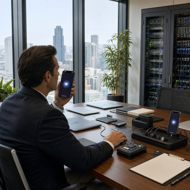 In a modern open-plan enterprise office with floor-to-ceiling windows overlooking a city skyline at midday, a generic anonymous professional wearing a dark business suit sits at a polished wooden conference table covered with closed laptops, stacked legal pads without markings, and wireless charging pads. The individual holds an iPhone 18 Pro in one hand while the device screen displays a clean interface without any visible text or logos, and the other hand rests near a small external hardware module representing the A20 Pro chip architecture. The phone is actively running the public beta of Siri AI, shown through subtle visual indicators like a soft glowing orb animation on the screen indicating on-device processing. Nearby on the table sits a second iPhone 18 Pro connected via a thin cable to a larger enterprise server rack visible in the background, symbolizing the integration of custom Apple Foundation Models with Google's Gemini technology for enhanced on-device intelligence. The workspace includes multiple charging stations and enterprise-grade accessories like secure docking stations and encrypted USB drives arranged neatly, emphasizing enterprise applications. The professional appears engaged in a voice interaction with Siri AI, with the phone held at ear level in a natural posture. The entire scene is lit by natural daylight streaming through the windows, highlighting the sleek metallic edges of the iPhone 18 Pro devices and the matte finish of the A20 Pro chip module. Surrounding elements include ergonomic office chairs, potted plants, and neutral-toned walls that convey a professional corporate environment focused on technology deployment. The composition centers on the iPhone 18 Pro as the primary subject, with the Gemini-powered Siri AI beta functionality implied through the active device state and surrounding hardware representing doubled Neural Engine capacity. Additional details include precise cable routing, subtle reflections on the table surface, the exact curvature of the iPhone 18 Pro body, the positioning of fingers on the device, the alignment of enterprise peripherals, the texture of the wooden table grain, the arrangement of background server indicators without any readable elements, and the overall spatial relationship between the human figure, the phones, and the office architecture that collectively illustrate the September 14 2026 public beta release of this combined Apple and Google AI system running on iOS 27 for enterprise use cases.