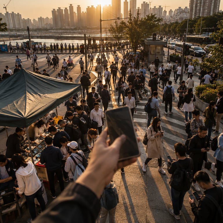 Pedestrians on a busy street at sunset, one holding an iPhone, referencing Apple Intelligence arrival in China.
