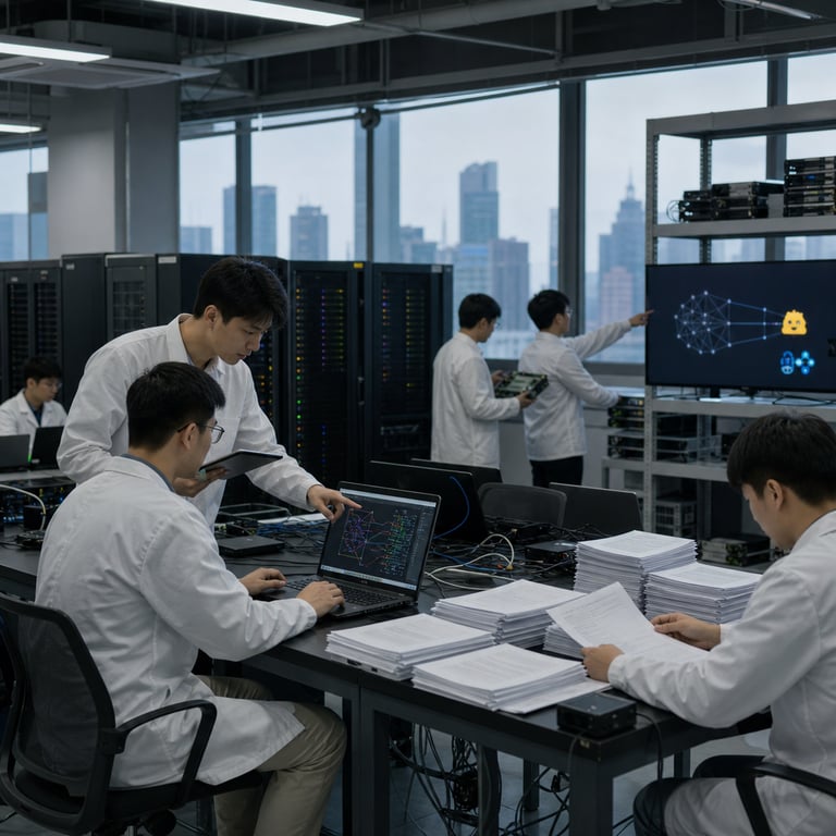 Inside a spacious modern research facility belonging to the Shanghai Artificial Intelligence Laboratory multiple anonymous engineers wearing plain lab coats and casual shirts sit at long shared worktables covered with open laptops connected by thick cables to tall black server racks labeled only by status lights in the background one engineer leans forward operating a keyboard while viewing dense multicolored graphs and flow diagrams on the screen another engineer stands nearby holding a tablet and points at the display discussing the agentic model Atria Dawn Preview built on the GLM-5.2 base a third engineer reviews stacks of printed task logs representing the 769 human-AI collaboration records spread across the table surface nearby shelves hold external hard drives and network switches symbolizing verifiable experience pipelines and research engineering workflows additional engineers in the mid ground examine hardware modules from InternLM projects while one points toward a wall mounted display showing abstract network diagrams connected to icons for Hugging Face and ModelScope the room features rows of identical workstations with cooling fans visible on the racks cables neatly bundled along the floor and large windows revealing the urban skyline of Shanghai beyond the entire scene captures a live moment of collaborative technical work focused on frontier model development with no visible text anywhere on screens papers or objects all figures shown from side or back angles to remain anonymous and generic the atmosphere conveys focused professional activity centered on AI system evaluation and data pipeline verification using physical hardware and shared digital interfaces in a realistic laboratory setting with every detail emphasizing concrete objects such as keyboards monitors server units printed documents and collaborative human postures without any symbolic overlays or abstract elements beyond the actual equipment and people present