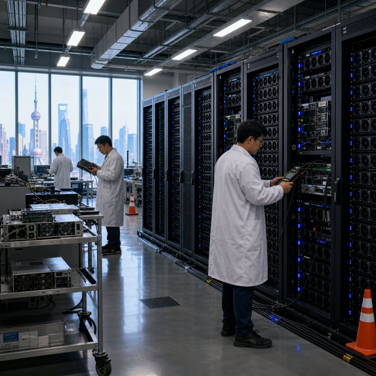 Inside a spacious modern research facility located in Shanghai, multiple anonymous technicians wearing plain white lab coats and safety glasses stand around tall black server racks filled with densely packed GPU modules and cooling fans, the racks arranged in neat rows across a polished concrete floor with visible cable management trays running along the base, each rack featuring rows of indicator lights in steady blue and green patterns without any markings, one technician in the foreground uses a handheld diagnostic tool connected via thick black cables to an open server bay exposing internal circuit boards and heat sinks, another technician further back examines a large rectangular hardware component held in both hands while standing next to a workbench cluttered with spare power supplies, Ethernet cables, and cooling units, large floor-to-ceiling windows along one wall reveal the Shanghai skyline with distant skyscrapers under a clear daytime sky, the interior space includes additional elements such as metal carts loaded with spare parts, wall-mounted control panels with blank displays, overhead fluorescent lighting fixtures casting even illumination across the entire area, ventilation ducts running along the ceiling, safety cones placed near equipment, and generic office chairs scattered around, all elements combining to depict the physical infrastructure supporting large-scale model development and deployment efforts by the Shanghai Artificial Intelligence Laboratory involving the Atria Dawn Preview built on GLM-5.2 weights with connections to InternLM, Zhipu AI, and Z.ai through visible hardware configurations optimized for agentic workloads and verifiable tool integrations, the scene emphasizes collaborative technical work in an open-access environment with no barriers or closed doors visible, technicians positioned in natural working postures handling equipment that represents the open-source release under permissive licensing, background details include storage shelves holding boxed components, floor drains, electrical distribution units, and subtle architectural features like exposed beams and industrial flooring that ground the setting in a real-world high-performance computing laboratory dedicated to frontier model advancements.