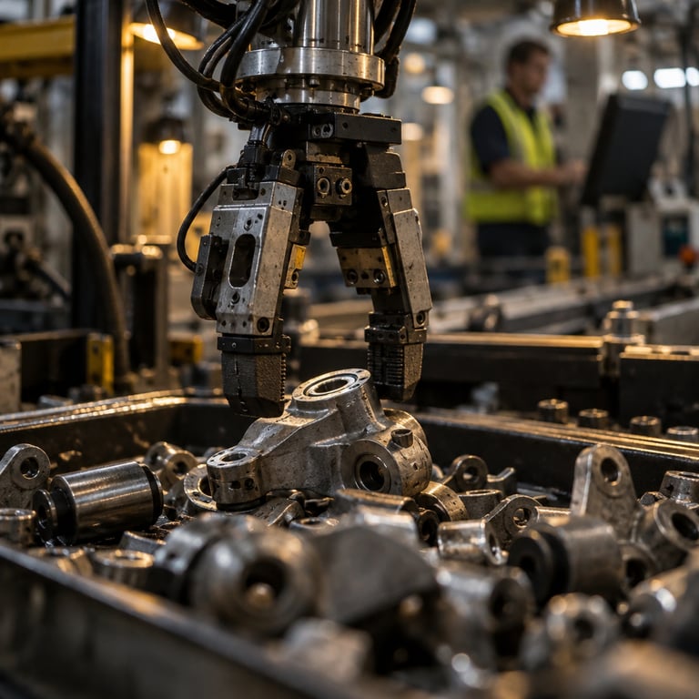 Automated gripper sorting a car part on a factory line at a Lotus or Geely plant