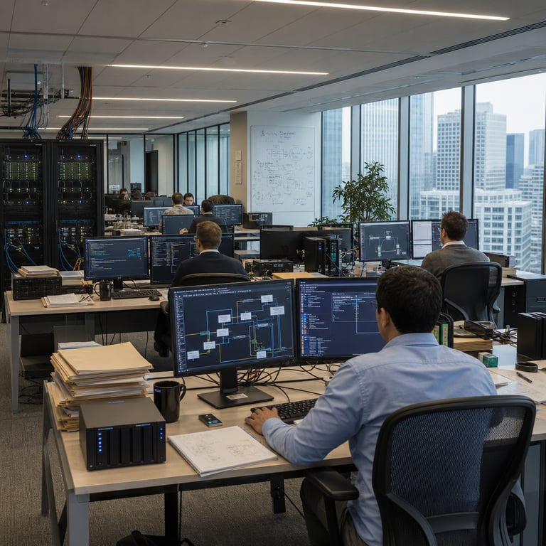 A spacious modern enterprise office interior in a high-rise corporate building during daytime features large windows with city skyline views allowing natural light to illuminate rows of ergonomic workstations arranged in open-plan layout with glass-walled conference rooms in background. Multiple anonymous professionals in business casual attire including collared shirts slacks and sweaters sit with backs facing viewer at desks equipped with powerful desktop computers multiple flat-panel monitors connected by thick bundles of network cables to central server racks positioned along one wall representing enterprise cloud infrastructure. On desks are stacks of manila folders containing printed reports external hard drives USB storage devices and secure access card readers integrated with identity verification systems. Physical data storage units resembling scalable cloud repositories sit beside compliance monitoring equipment with indicator lights showing active connections. Nearby a large networked storage array symbolizes secure document repositories linked through permission enforcement layers to identity management platforms and data governance tools. Professionals interact with keyboards and pointing devices while viewing abstract graphical interfaces displaying permission matrices network topologies and retrieval flow diagrams without any visible text or symbols. In adjacent area a dedicated server room visible through open doorway contains tall black server cabinets with blinking status lights fiber optic cables running along ceiling trays and cooling vents maintaining optimal temperature for continuous operation of AI-powered search systems handling document-level access controls. The overall environment includes potted plants neutral-toned carpeting acoustic panels on walls and collaborative whiteboards covered in handwritten diagrams of security architectures. Every element emphasizes secure retrieval processes in retrieval-augmented generation setups balancing performance metrics like response times and result completeness against strict access policies enforced via centralized identity services and data lake integrations with enterprise content management platforms. Additional details include subtle reflections on polished desk surfaces from overhead recessed lighting scattered coffee mugs and notepads with sketches of system diagrams emphasizing the tangible hardware and human oversight required for enterprise-scale secure AI search deployments.