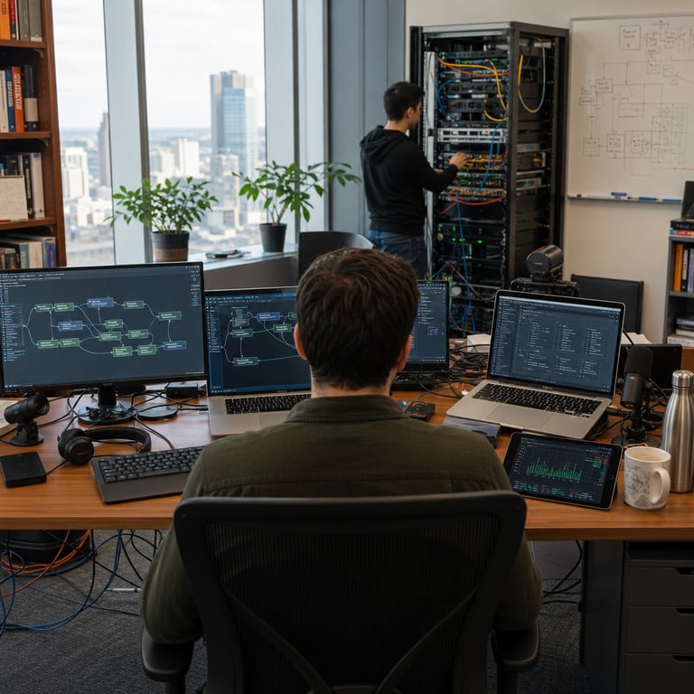 A realistic live-action photograph of an anonymous developer seated with back to the viewer in a modern professional technology office workspace featuring a large wooden desk covered in computer hardware including open laptops with screens displaying abstract node diagrams and flow charts for AI agent architectures external solid state drives connected via thick black cables bundles of multicolored Ethernet cords linking to a tall metal server rack positioned against the far wall a tablet device resting on the desk surface showing grid based data visualizations and performance metrics charts ergonomic office chair with mesh backrest positioned in front of the desk keyboard mouse and headset peripherals neatly arranged on the desk surface potted green plants on the windowsill behind the desk floor to ceiling windows revealing a distant city skyline outside tall bookshelves along the side walls holding rows of technical reference volumes a second anonymous figure standing near the server rack adjusting connections on the hardware units a whiteboard mounted on the wall with hand drawn abstract diagrams of system architectures but no readable markings coffee mug and stainless steel water bottle placed beside the laptops on the desk surface additional peripherals including webcams microphones and external monitors all showing non textual graphical interfaces this entire setup represents the direct API based access to advanced large context AI models from major providers enabling efficient scaling of agent development tools and integrations without any further configuration steps or installations required the workspace environment includes visible network infrastructure cables running along the floor to connect multiple devices soft natural daylight illuminating the room from the windows neutral colored walls and carpeted flooring with a focus on the hardware and software development tools that support immediate platform access for building and deploying intelligent agents at scale the scene emphasizes real world elements such as the server hardware representing cloud infrastructure the laptops and monitors illustrating developer interfaces for model interactions and the overall office setting conveying a productive environment for technology professionals working with API offerings from established AI model providers the composition centers on the desk and server area to highlight the seamless integration of tool support and context handling capabilities in practical developer workflows.
