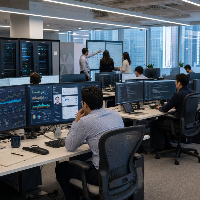 A spacious open-plan banking operations floor inside a modern Bank of America corporate office building features rows of identical height-adjustable desks arranged in neat clusters under large windows overlooking an urban skyline. Anonymous professional staff members dressed in business casual attire sit at the desks facing multiple large computer monitors displaying complex financial dashboards and data visualizations without any visible text or logos. One customer relationship manager in the foreground leans forward while reviewing AI-generated customer profile summaries and risk assessment charts on the central screen with a wireless keyboard and mouse nearby. Adjacent workstations show developers examining code repositories and automated testing results generated by AI tools with additional monitors showing network diagrams and model performance metrics. In the midground a group of three staff members gathers around a shared large display discussing generative AI outputs for transaction pattern analysis and compliance reports while one person points at specific highlighted sections on the screen. Background areas include secure server racks with blinking indicator lights integrated into the workspace layout and secure access doors marked only by generic symbols. The entire scene conveys active daily integration of generative AI systems into banking workflows with staff members from multiple departments collaborating on production deployments supporting customer service and software development tasks. Additional details include ergonomic office chairs adjusted to different heights scattered coffee mugs and notebooks on desks natural daylight mixing with overhead LED panels potted plants along window ledges and subtle branding elements limited to abstract geometric patterns on wall panels that reference institutional financial environments. The composition centers on realistic human-computer interaction in a professional financial services setting with no individuals facing the viewer directly and all figures appearing as generic employees focused on their tasks to illustrate scaled operational use of generative AI across banking functions alongside peer institutions advancing comparable initiatives in similar corporate settings.