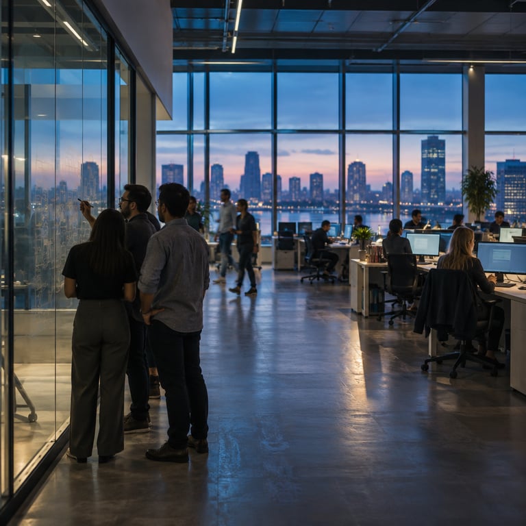 Programmers collaborate in a Bank of America office at dusk, with city lights outside.