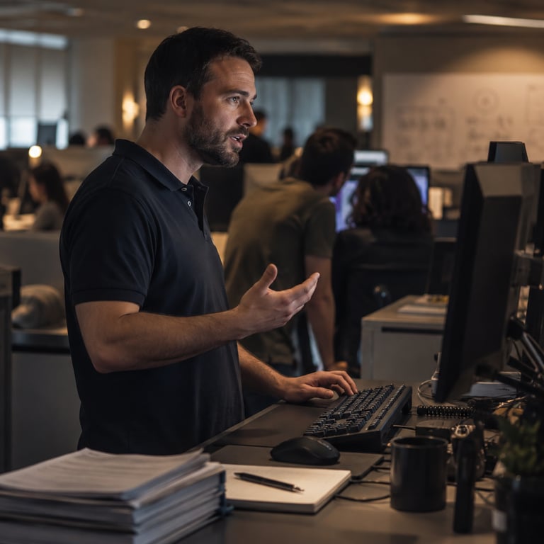 Developer at Bank of America office coding with colleagues blurred in background