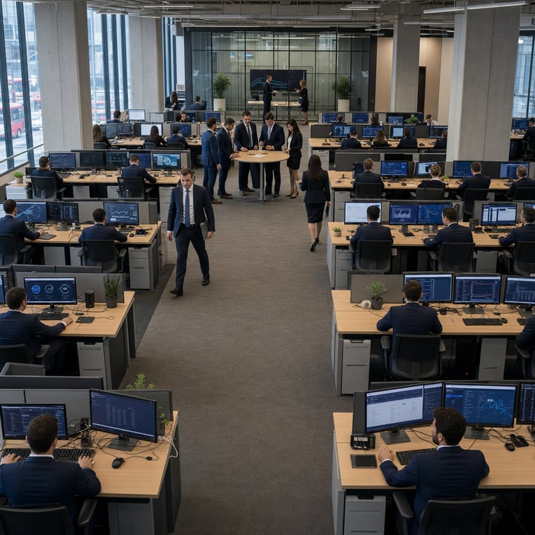 Inside a large open plan operations center belonging to Bank of America a group of anonymous banking professionals work at long parallel rows of light wood desks fitted with multiple flat screen monitors keyboards and wireless mice. The professionals wear dark navy suits white collared shirts and solid ties or equivalent formal business dresses in muted tones. Several individuals sit upright at their stations viewing analytical dashboards that display pattern recognition outputs and workflow recommendations generated by artificial intelligence systems used for client account reviews and internal process optimization. One cluster of five employees stands around a central round table examining physical folders and tablet devices that represent the embedding of more than three hundred approved artificial intelligence tools into everyday banking tasks with emphasis on thirty four recently activated cases supporting productivity across client services and back office functions. Additional staff members walk along wide carpeted aisles between the desk rows carrying closed laptops and manila folders while others remain seated typing on keyboards or gesturing toward shared monitor content. The room contains tall glass partitions separating work zones from a central collaboration area where two more professionals review operational metrics on a shared display. Desks hold standard office items including black computer mice ergonomic chairs with mesh backs and small potted succulents. The overall layout shows a scaled environment where hundreds of thousands of daily users interact with artificial intelligence capabilities embedded throughout banking operations and client workflows. Every visible figure remains generic and unidentifiable with backs or profiles turned away from the viewpoint. The architecture includes exposed concrete support columns industrial style ceiling panels and large exterior windows revealing an adjacent city street with passing vehicles. The scene contains no visible lettering symbols numbers or logos on any surface or screen. Additional details include the precise arrangement of twelve desks per row with four rows visible the uniform spacing of chairs the presence of charging cables on desk surfaces the variety of professional footwear under desks and the consistent posture of seated staff focused on their individual tasks illustrating the integration of artificial intelligence across the institution's operational structure alongside peer organizations in the financial sector.