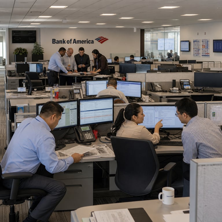 Inside a spacious open-plan Bank of America customer operations facility, multiple anonymous employees sit at modular gray desks arranged in orderly rows beneath neutral acoustic ceiling panels and soft overhead lighting. Each workstation features dual monitors displaying complex account dashboards, secure keyboards, and muted telephone headsets resting on cradles. One employee in the foreground leans forward reviewing printed regulatory documents spread across the desk surface while a second employee nearby gestures toward a shared screen during a quiet discussion with a colleague. In the mid-ground, several additional staff members stand clustered around a central collaboration table examining physical folders and tablets, their body language indicating focused problem-solving on escalated cases. Background rows of desks show unoccupied chairs and inactive phones, conveying reduced incoming volume. Subtle visual cues include wall-mounted digital status boards without lettering, neatly stacked reference binders on shelves, and a distant glass-walled conference room containing a few figures reviewing wall charts. The overall environment includes beige carpet tiles, standardized office partitions, potted plants along window ledges overlooking an urban skyline, and scattered coffee mugs on desk surfaces. Every detail emphasizes a calm, efficient workspace where routine customer queries have been streamlined, allowing personnel to concentrate on higher-value tasks within the corporate banking infrastructure.