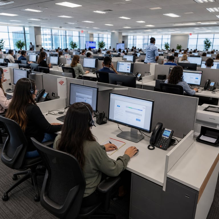 Inside a spacious open-plan Bank of America customer service facility rows of identical modular workstations stretch across a neutral carpeted floor each workstation occupied by an anonymous agent seated in an ergonomic office chair wearing a lightweight over-ear headset with a thin boom microphone positioned near the mouth the agents face large desktop monitors displaying clean interface layouts with subtle graphical elements such as progress bars icons and structured text fields that represent real-time generative AI assistance from the EricaAssist system one agent in the foreground leans slightly forward with shoulders relaxed one hand resting on a wireless mouse while the other holds a pen above a notepad the monitor in front shows layered panels suggesting instant guidance prompts without any legible characters another agent two desks away adjusts their headset cord while glancing at a secondary screen that displays a simple flowchart diagram indicating call flow optimization a third agent stands briefly beside their chair stretching their back while keeping the headset connected the overall environment features soft overhead lighting neutral-colored acoustic panels on the walls potted plants placed at regular intervals along the perimeter and large windows in the background revealing a blurred city skyline the scene captures multiple agents simultaneously engaged in telephone conversations their body language conveying focused attention and calm efficiency with no visible documents or screens containing readable content the composition centers on the integration of human operators with digital tools where the EricaAssist system provides background support visible only through the agents posture and screen orientation emphasizing reduced call duration through AI augmentation while maintaining direct human control over each client interaction the workspace includes shared elements such as charging stations for headsets communal printer stations with blank paper trays and water coolers at the edges of the room agents wear standard professional attire consisting of button-down shirts or blouses in muted tones the overall atmosphere reflects a high-volume enterprise support operation where generative AI augments rather than replaces the human workforce the depth of field keeps foreground agents sharp while gradually softening the rows of workstations extending into the distance creating a sense of scale with over eighteen thousand implied positions through the expansive layout the image avoids any depiction of specific individuals by showing only backs or partial profiles of anonymous workers the concrete elements include the exact arrangement of desks in neat grids the texture of fabric office partitions the metallic finish on monitor stands and the subtle reflection of overhead lights on polished screen surfaces this single continuous live-action view encapsulates the operational reality of Bank of America deploying EricaAssist to deliver faster resolutions during customer calls with human oversight remaining the central component of every engagement