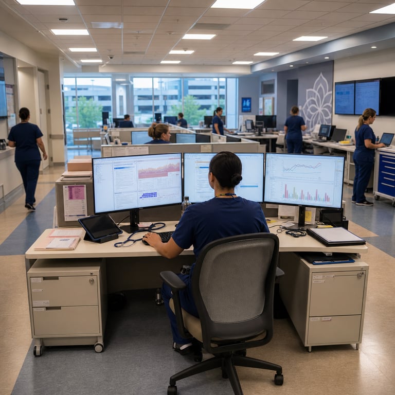 A realistic live-action scene inside a modern clinical oncology department workspace at a major nonprofit health system facility showing a generic anonymized healthcare professional seated at a multi-monitor workstation actively reviewing detailed patient records on large computer screens displaying complex medical charts graphs timelines and diagnostic summaries without any visible words numbers letters or text elements the professional wears standard hospital scrubs with ID badge turned away from camera to avoid identification and interacts with the interface in a focused posture indicating rapid task completion the desk surface holds standard medical peripherals including keyboard mouse and tablet alongside physical folders and a stethoscope the background reveals a busy open-plan clinical operations area with additional workstations occupied by other anonymized staff members in similar attire rolling medical carts with supplies and wall-mounted display boards showing generic hospital workflow diagrams the environment features clean neutral-colored walls with subtle branding elements from the health system subtle lighting from overhead panels illuminating the space large windows overlooking an urban medical campus with parking structures and greenery outside the room includes visible elements such as filing cabinets with patient record labels blurred beyond recognition medical imaging equipment in adjacent alcoves and collaborative meeting tables with chairs arranged for team discussions the overall composition emphasizes efficiency and scale in healthcare operations with multiple staff members moving purposefully through the space carrying tablets and documents the scene captures the transition from traditional lengthy manual processes to streamlined digital workflows in a high-volume cancer care center environment complete with subtle indicators of advanced AI integration through clean modern interface aesthetics on the screens without any explicit symbols or overlays the floor features standard hospital-grade vinyl tiling and the air appears crisp with typical clinical sterility the professional at the central desk demonstrates accelerated chart review posture suggesting completion of an eight-hour task in minutes amid the broader organizational rollout of productivity tools across thousands of employees the setting includes background views of interconnected office pods with similar setups reinforcing widespread adoption in oncology and other departments throughout the facility