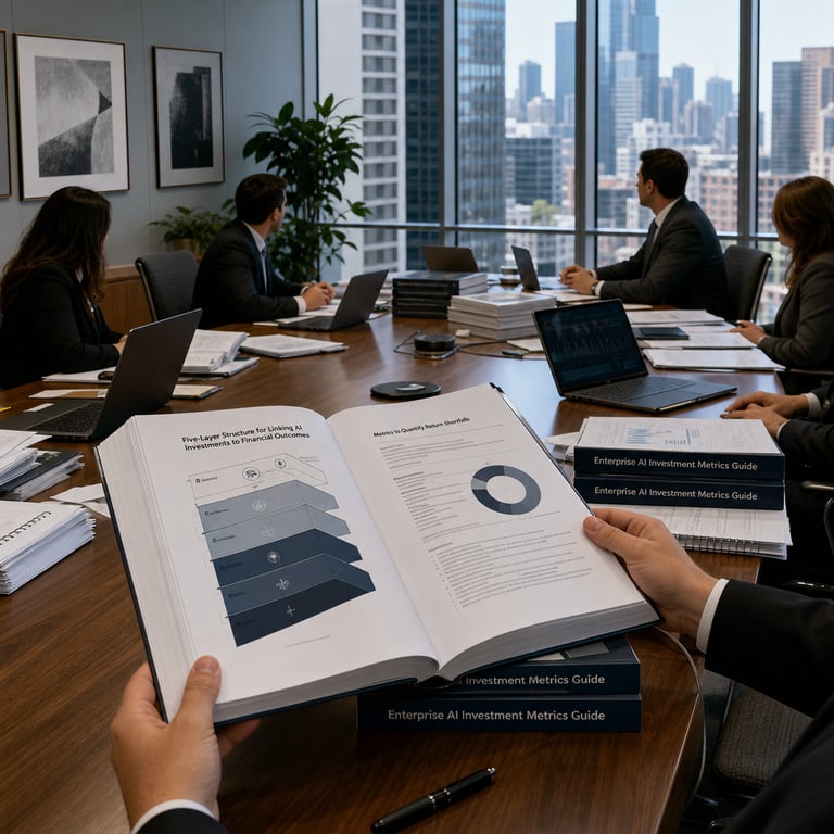 In a sleek modern corporate boardroom with expansive floor-to-ceiling windows revealing a dense urban skyline under bright midday light several anonymous professionals wearing neutral business suits sit around an expansive polished oak conference table cluttered with multiple copies of a thick 180-page printed guidebook numerous open laptops showing intricate unlabeled graphs and layered analytical diagrams stacks of financial reports and scattered pens. One figure in the center foreground holds the substantial bound volume open to pages displaying dense frameworks of evaluation layers connecting artificial intelligence project expenditures to measurable profitability indicators while adjacent colleagues lean in to examine sections detailing dozens of performance metrics designed to quantify return shortfalls in enterprise technology deployments. The room features neutral gray walls with subtle abstract corporate prints ergonomic chairs with fabric textures visible potted greenery in corners and reflective table surfaces capturing city outlines. Additional elements include varied professional postures indicating collaborative review of a five-layer structure for linking artificial intelligence investments to financial outcomes precise placement of document piles across the workspace natural illumination highlighting paper edges and fabric details the grain patterns in the wood furniture the arrangement of additional guidebook copies emphasizing widespread enterprise challenges in achieving expected artificial intelligence returns through structured metric systems and evaluation protocols from specialized analysis organizations. Every surface detail from the subtle shadows cast by stacked reports to the positioning of laptops displaying complex visualizations without text or numbers reinforces a realistic live-action capture of corporate teams addressing gaps between artificial intelligence adoption efforts and tangible business value outcomes in large-scale organizational settings. The composition centers on the physical presence of the comprehensive metrics guide amid the professional environment underscoring data-driven discussions about investment linkages and performance shortfalls through tangible objects and anonymized figures engaged in focused analysis.