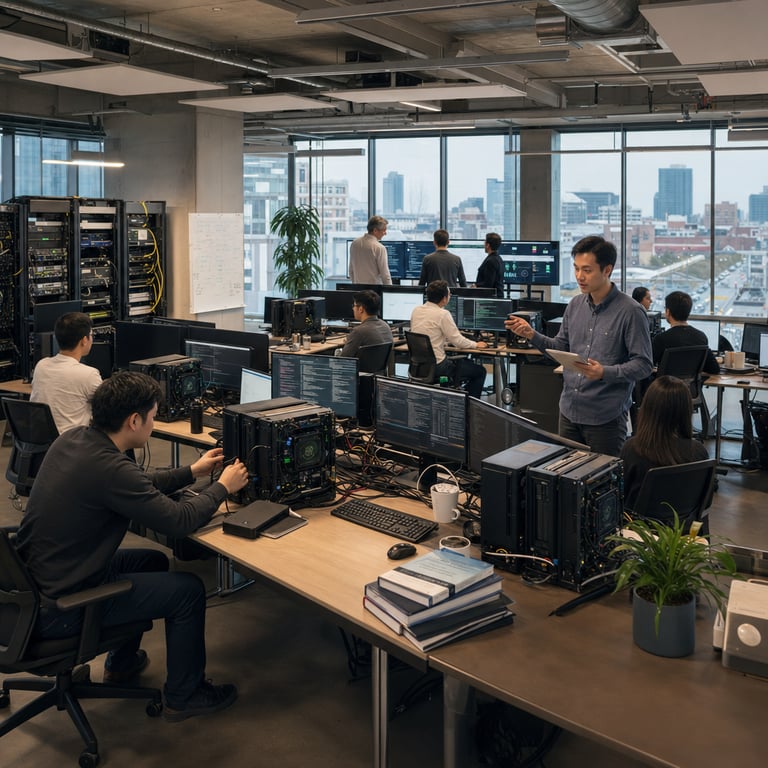 In a spacious open-plan enterprise technology operations center multiple anonymous professionals wearing neutral business attire sit at long modular desks arranged in parallel rows each workstation featuring slim desktop computer towers with exposed internal NVIDIA graphics processing hardware visible through side panels connected by thick black networking cables to wall-mounted racks holding enterprise servers branded for AWS infrastructure and adjacent cabinets linked to Google Cloud systems one professional leans forward viewing multiple flat display screens displaying abstract code structures representing autonomous AI agent task execution another professional stands nearby holding a tablet device while gesturing toward a shared central console area where additional generic figures review operational dashboards integrated with Salesforce customer relationship management platforms and automation pipelines from Zapier and CrewAI tools scattered across the desks are wireless keyboards mice external hard drives stacks of technical reference binders and ergonomic office chairs adjusted to various heights with some professionals seated upright and others slightly turned engaging in collaborative discussion the background reveals floor-to-ceiling windows overlooking an urban business district skyline with distant high-rise buildings and paved streets below inside the room polished concrete flooring supports rolling office chairs and metal cable management trays beneath desks while potted green plants in ceramic containers line the perimeter walls alongside whiteboards covered in handwritten diagrams without any legible content large HVAC vents and overhead acoustic panels complete the functional workspace atmosphere several individuals have coffee mugs and water bottles positioned near their elbows while one figure in the foreground adjusts a cable connection on an NVIDIA-equipped workstation tower illustrating real-time adaptation and reasoning processes of AI agents handling complex coding workflows and enterprise operations across integrated hardware and cloud environments the entire arrangement conveys a live active setting of business professionals utilizing advanced autonomous systems in a typical corporate technology hub without any visible markings symbols or interfaces on equipment surfaces.