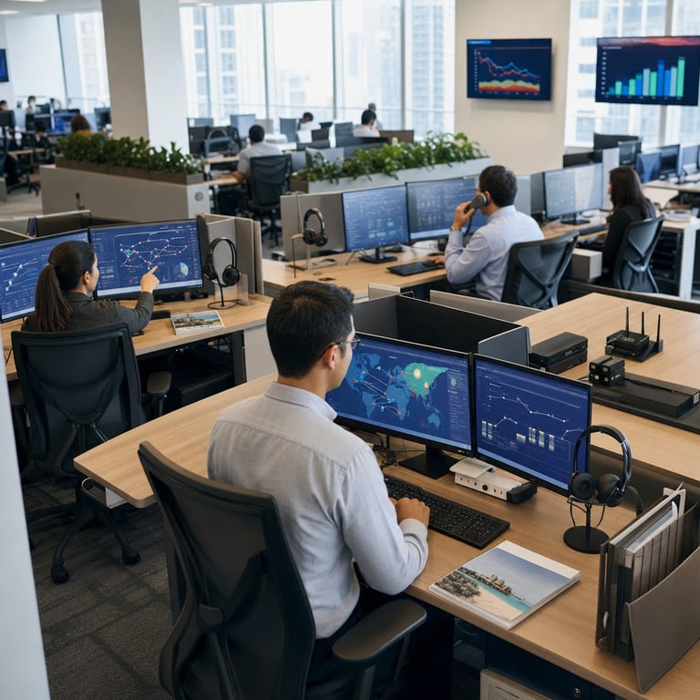 Inside a spacious modern open-plan customer service facility operated by a major travel technology corporation multiple anonymous employees sit at individual workstations arranged in orderly rows each workstation features a large computer monitor displaying complex graphical interfaces with travel itinerary diagrams route maps and booking status indicators without any legible text or symbols alongside the monitors are wireless headsets neatly placed on stands and small stacks of printed travel brochures showing generic destination photographs of beaches cities and hotels the employees wear neutral business casual attire and are captured from a side angle with backs or profiles visible as they interact with the systems one employee points at a screen showing layered data visualizations representing efficiency metrics another employee handles a telephone call while reviewing additional graphical outputs on a secondary display in the background rows of identical workstations extend into the distance with soft natural light filtering through large windows revealing an urban cityscape outside the facility includes subtle elements like potted plants dividing the space ergonomic office chairs with adjustable features and shared communal tables holding generic hardware components such as routers and charging docks that symbolize integrated artificial intelligence tools supporting high transaction volumes the overall atmosphere conveys organized productivity with agents efficiently managing inquiries related to hotel reservations flight connections and vacation packages the scene includes visible details like cable management systems under desks organized filing trays with blank forms and wall-mounted digital displays showing abstract charts and graphs illustrating cost reduction trends and volume growth indicators all elements remain free of any text letters numbers logos or watermarks ensuring a pure photographic representation of a real-world operational environment where artificial intelligence supports customer service operations for entities including Booking Holdings Agoda and Booking.com the composition captures the balance between expanded activity levels shown through multiple simultaneous interactions and streamlined processes evidenced by the compact efficient layout minimal staffing density relative to output and technological aids integrated into daily workflows creating a truthful illustration of absolute expenditure reductions amid rising service demands in the travel sector