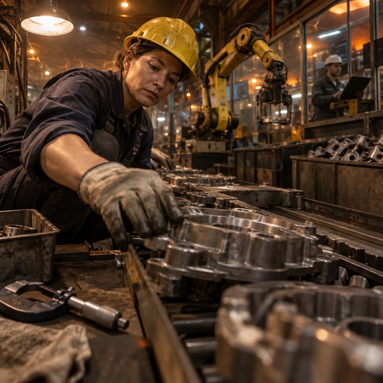 Factory worker in hard hat inspects a metal part on a conveyor, with robotic arm and review booth behind, evoking baseline process metrics.