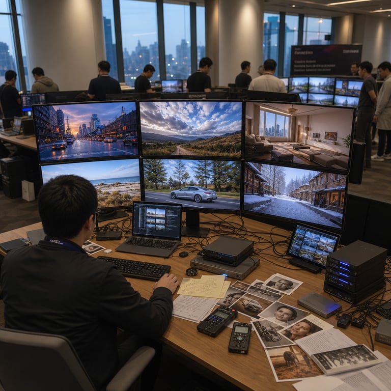 A realistic live-action photograph of a modern technology conference workspace inside a spacious hall associated with Volcano Engine events features an anonymous professional seated at a large wooden desk facing away from the viewer with shoulders hunched over a high-resolution computer setup. The desk surface holds multiple large flat-panel monitors arranged in a curved configuration displaying sharp native 4K video frames captured in single-pass generation showing diverse scenes such as urban streets at dusk rural landscapes with moving clouds and interior rooms with natural lighting all rendered at high detail without any visible text or interface elements. Scattered across the desk are physical reference objects including printed photographs of faces and objects small portable audio recording devices and handwritten notes on paper to represent multimodal inputs feeding into the system. Nearby on the same desk sit open laptops and tablets connected via visible cables to external storage drives and graphics processing units emphasizing hardware support for long-form video output. The background shows additional anonymous attendees in business casual attire standing near other workstations with similar monitor arrays all within a clean well-lit indoor environment featuring large windows overlooking a city skyline and neutral-colored walls with subtle architectural details typical of professional tech gatherings. The overall composition centers on the primary workstation with the person interacting via keyboard and mouse while the monitors clearly show continuous 30-second video sequences playing smoothly highlighting the advanced capabilities of Seedance technology developed by ByteDance integrated with tools reminiscent of Dreamina and CapCut workflows. Every element remains grounded in real-world objects like cables monitors reference materials and generic figures to illustrate the pending public rollout of this frontier model focused on high-resolution video creation at the June 2026 event setting without depicting any specific individuals or branded logos. Additional details include the texture of the wooden desk surface reflections on the monitor screens natural shadows cast by overhead lighting the arrangement of multiple external hard drives stacked neatly the variety of reference images showing different subjects like animals vehicles and architecture the ergonomic chair positioned behind the desk and the distant view of other conference participants engaged in similar demonstrations creating a dense informative scene that directly reflects the technical advancements in single-pass 4K video generation supported by extensive multimodal references from ByteDance Seedance 2.5 in a Volcano Engine context.