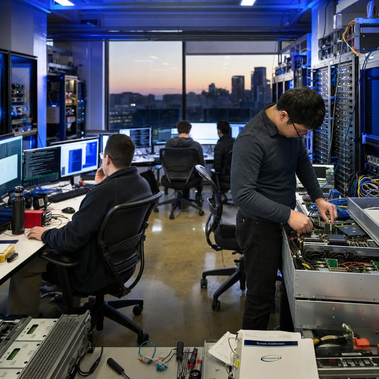 In a sleek modern technology research laboratory filled with rows of high-performance server racks and computational hardware arrays, several anonymous engineers wearing casual professional attire work collaboratively at multiple workstations equipped with large flat-panel displays and dense cabling systems connected to specialized GPU clusters and networking equipment, one engineer seated at a central desk examines detailed performance readouts on a monitor while another stands nearby adjusting connections on an open server chassis revealing internal components including cooling fans and circuit boards, the environment features clean white walls with subtle blue accent lighting, scattered technical notebooks and diagnostic tools on countertops, a large window in the background overlooking an urban cityscape at dusk with soft natural light mixing with interior illumination, the scene captures the essence of rapid AI model development and deployment through visible hardware infrastructure representing advanced diffusion-based systems achieving high accuracy benchmarks comparable to leading frontier models yet optimized for substantially reduced inference latency, elements include multiple interconnected computers running parallel processes with indicator lights blinking steadily to signify active computation, anonymized figures focused intently on their tasks without any visible personal identifiers, the overall composition emphasizes the integration of legacy engineering expertise from prior organizations into new ventures focused on delivering immediate API-compatible access for developers seeking efficient high-intelligence solutions, detailed textures on metallic server surfaces, rubberized cable insulation, matte-finished monitor bezels, ergonomic office chairs, and polished flooring reflecting overhead fixtures create a realistic photojournalistic atmosphere grounded in the daily operations of a startup laboratory advancing machine learning capabilities beyond previous standards in speed and precision while maintaining strong benchmark results on complex knowledge evaluation tasks.